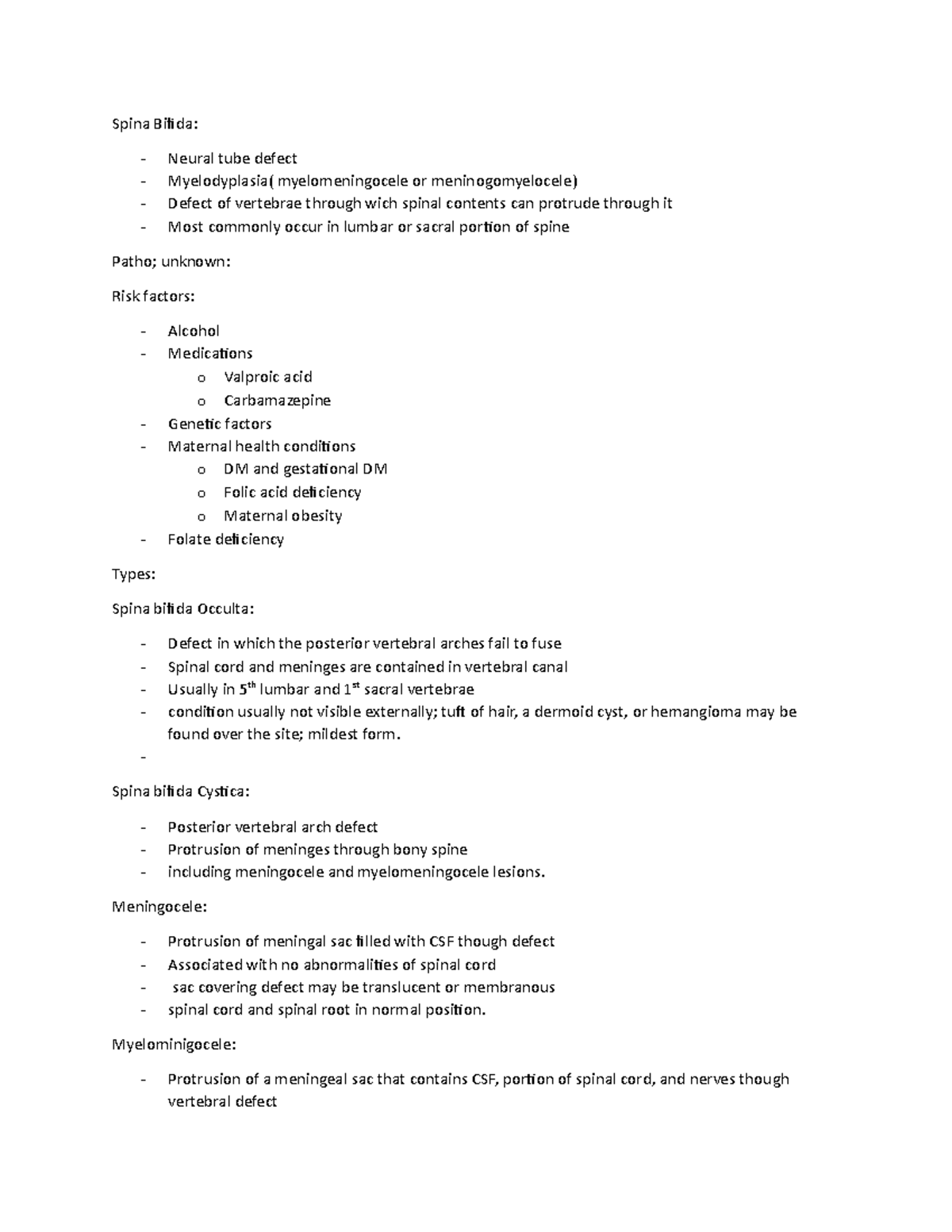 Spina bifida - notes - Spina Bifida: Neural tube defect Myelodyplasia ...