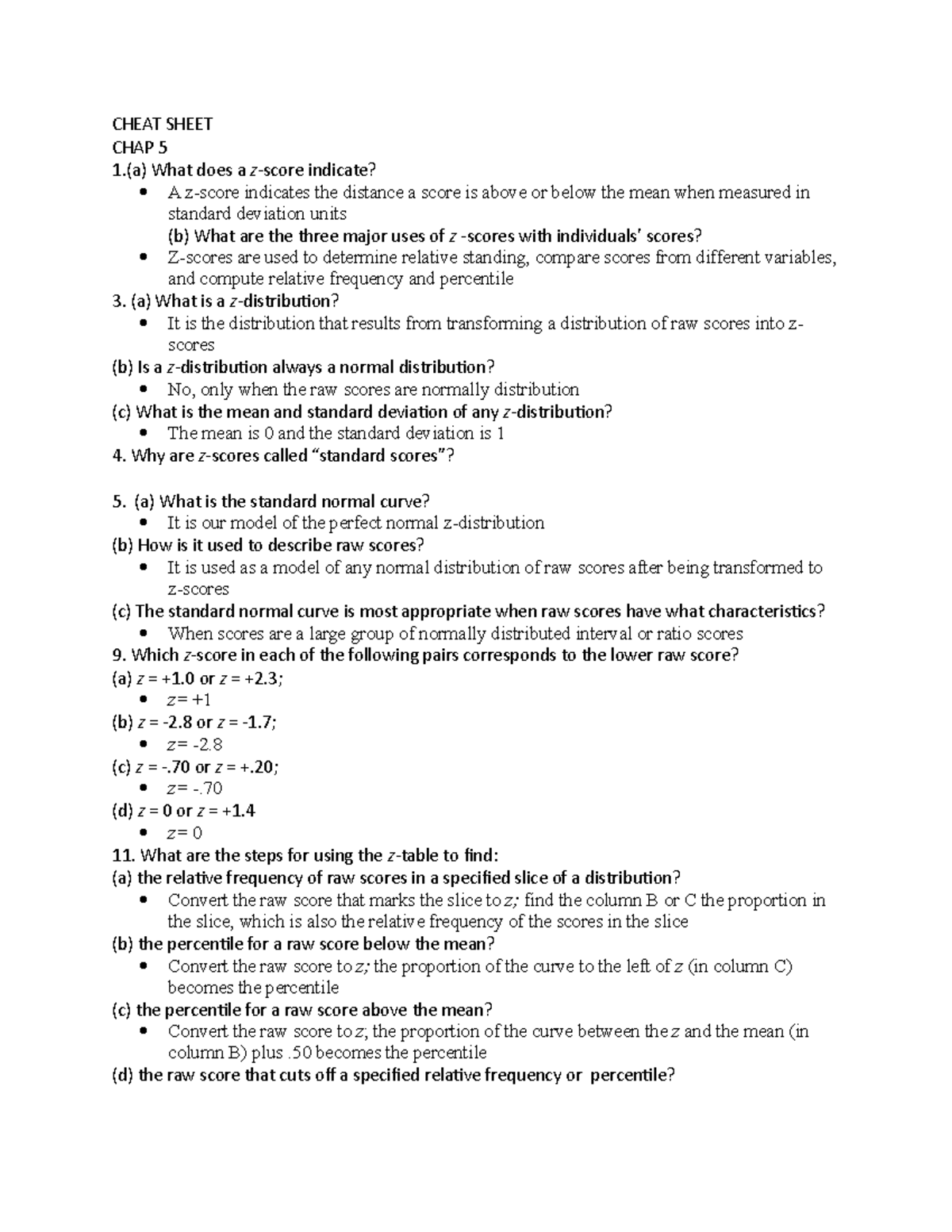 Cheat Sheet exam 2 Pysch 301 - CHEAT SHEET CHAP 5 1.(a) What does a z ...