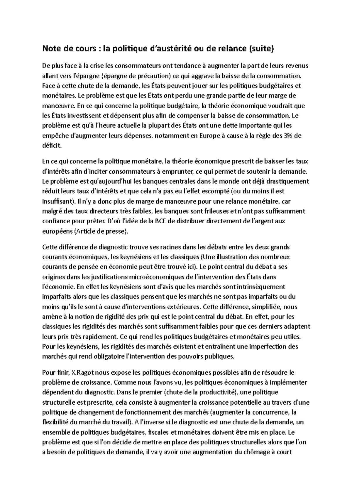 Note de cours : la politique d’austérité ou de relance (suite) - Face à ...