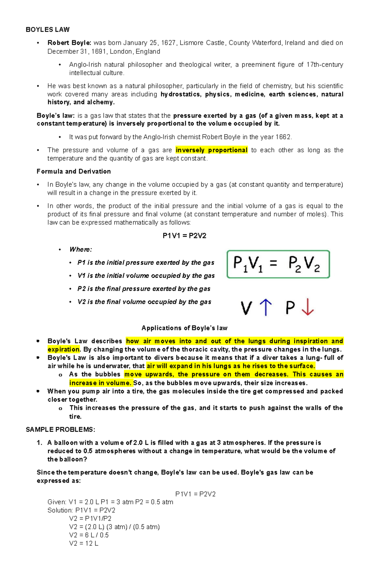 A reviewer for math - BOYLES LAW Robert Boyle: was born January 25 ...
