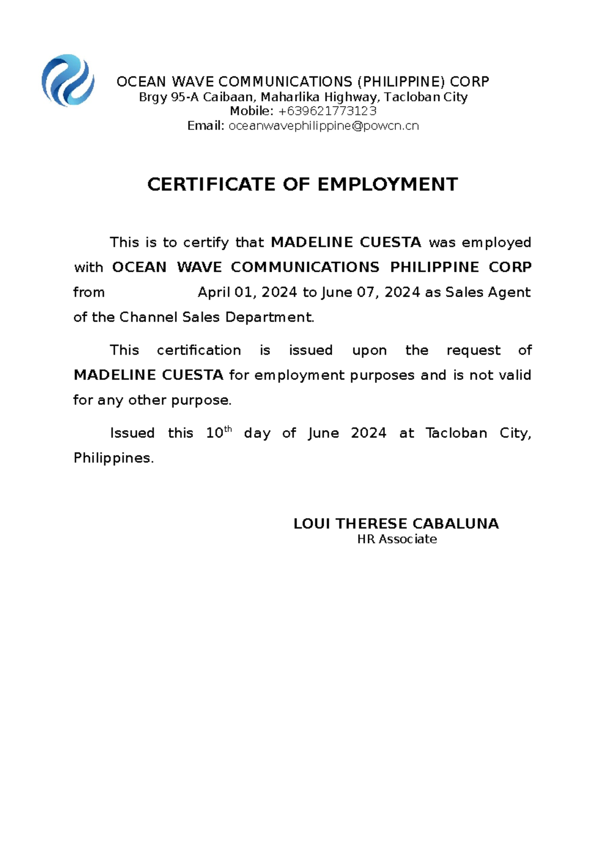 Certificate OF Employment Cuesta - OCEAN WAVE COMMUNICATIONS ...