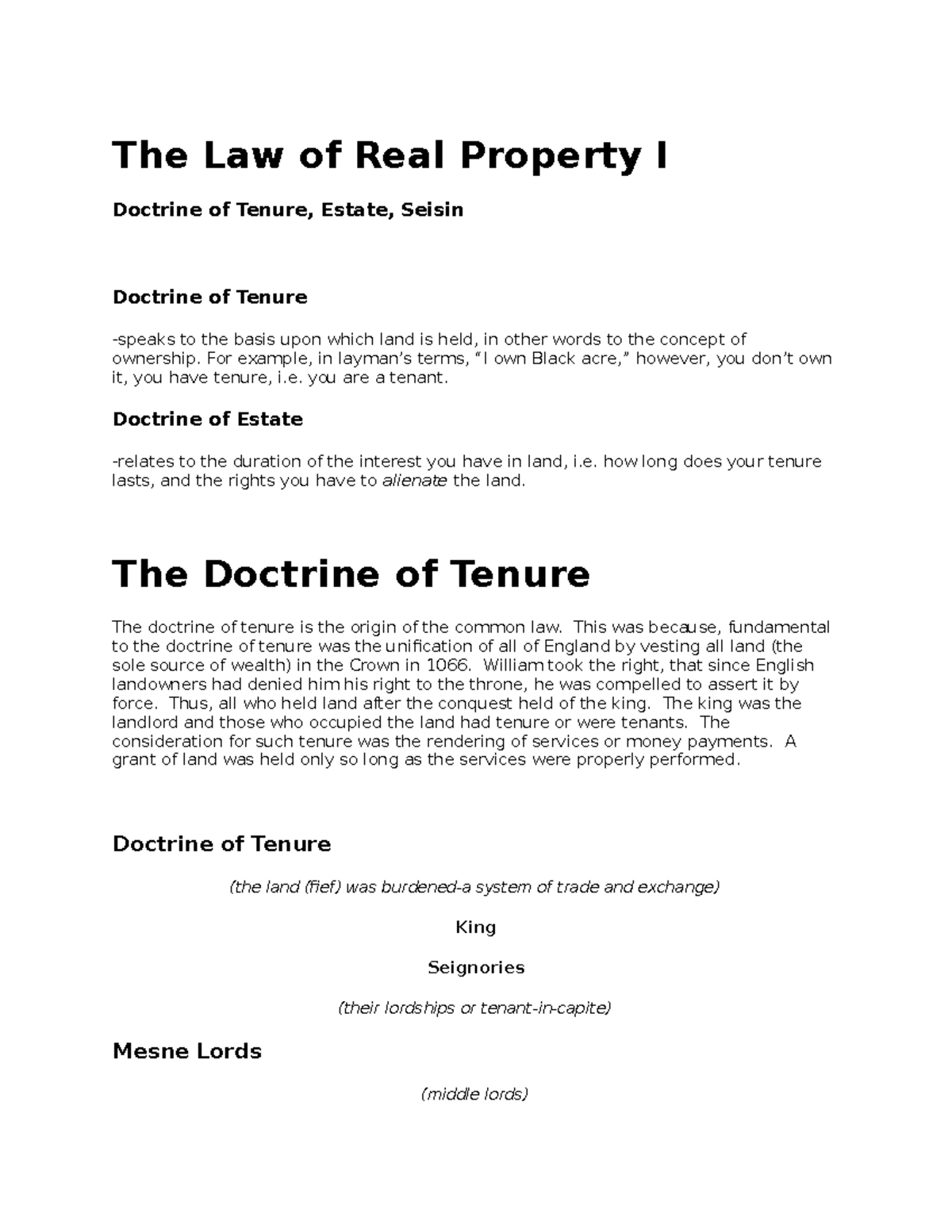 Tenures and Estates Real Property 1 notes The Law of Real Property I