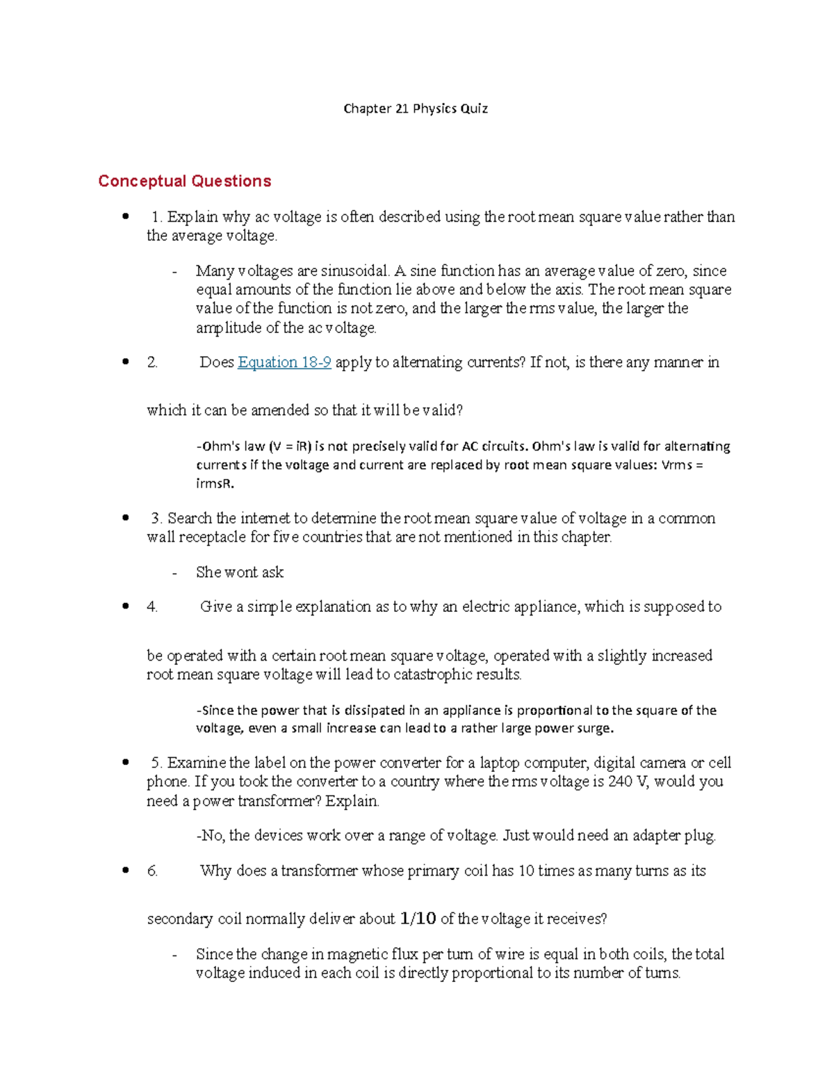 Chapter 21 Physics Quiz - Chapter 21 Physics Quiz Conceptual Questions ...