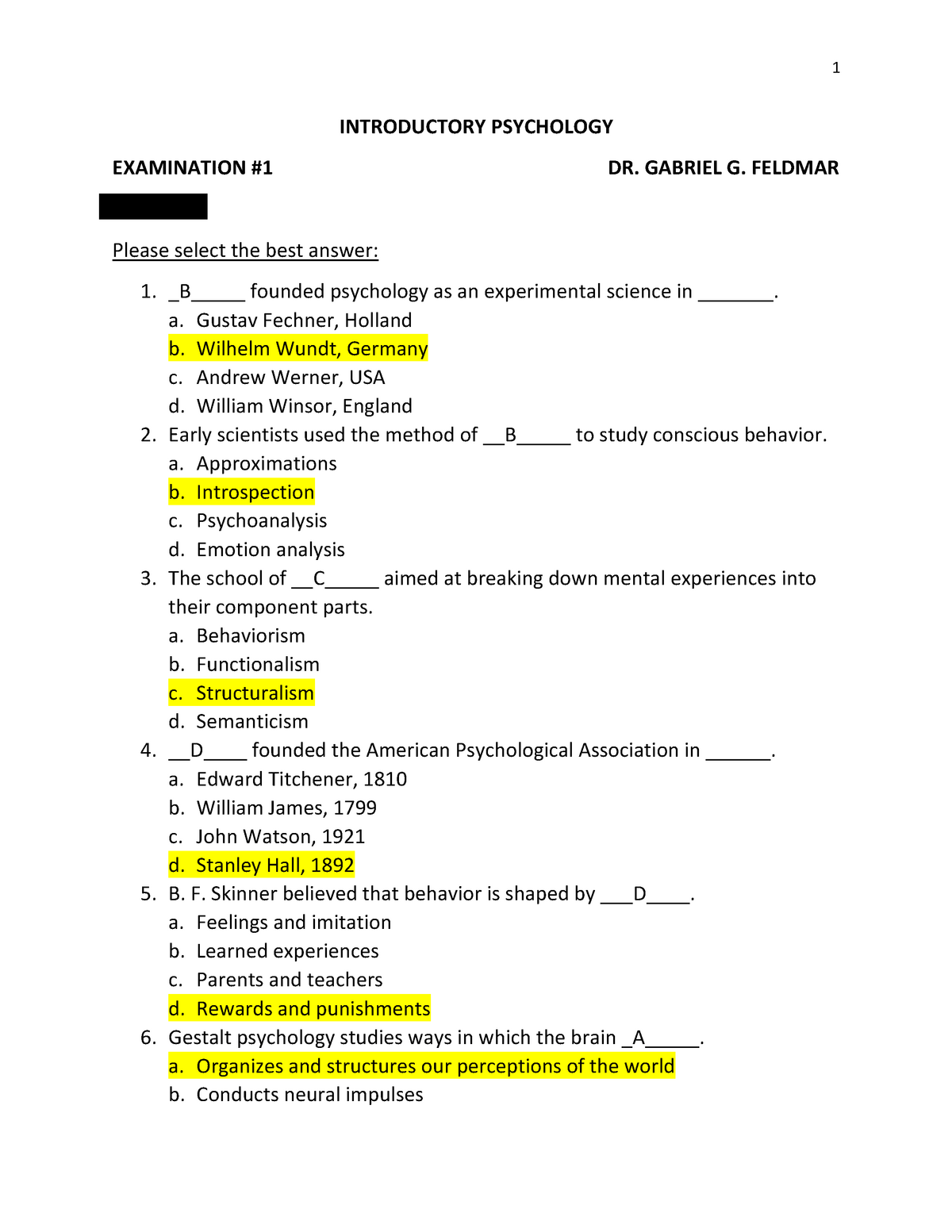 Intro Psych Exam 1 Practice w answers INTRODUCTORY PSYCHOLOGY