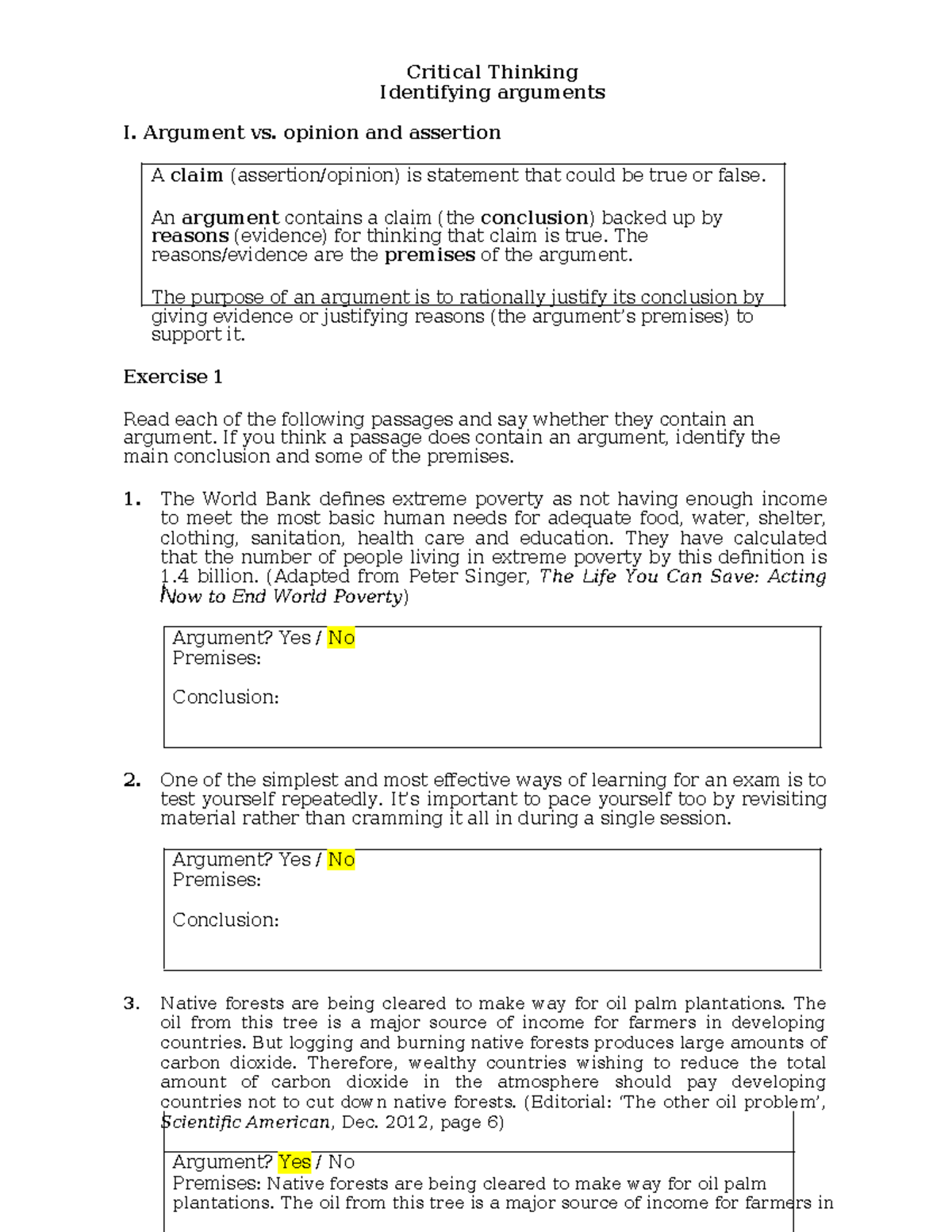 Week 1 Worksheet - Critical Thinking Identifying arguments I. Argument ...