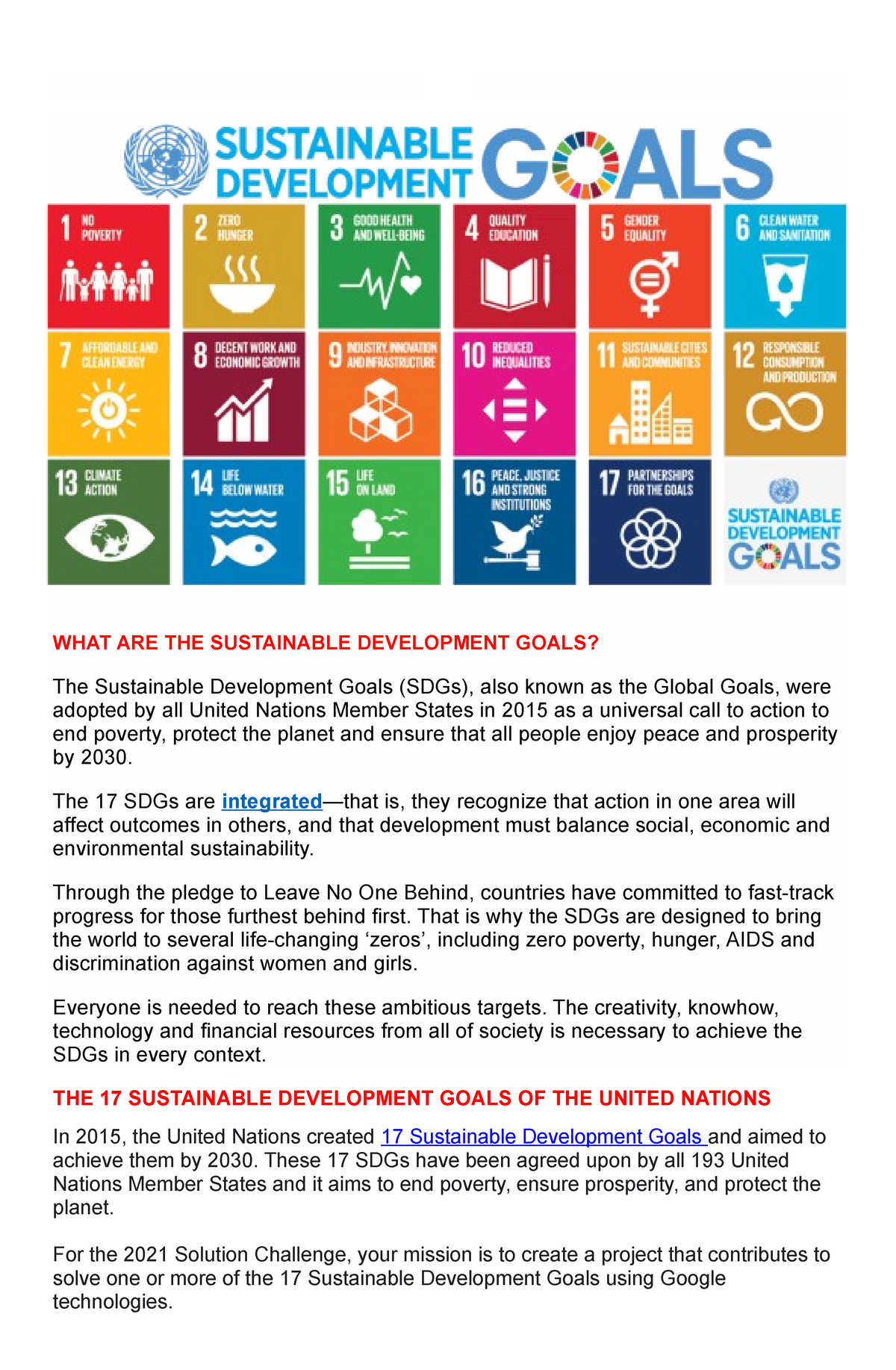 Sustainable Development Goals - The 17 SDGs are integrated—that is ...