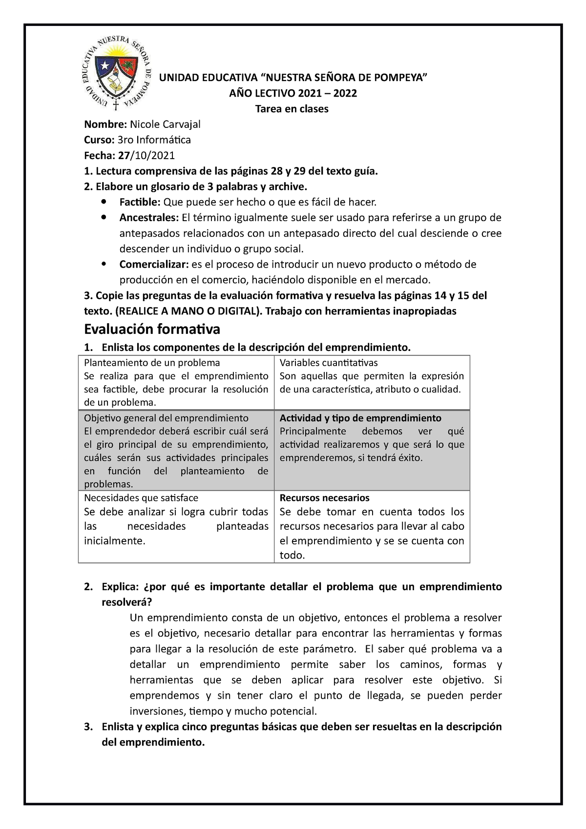 Tarea 3 Descripcion Del Emprendimiento Nicole Carvajal 3inf Unidad Educativa “nuestra SeÑora 8430