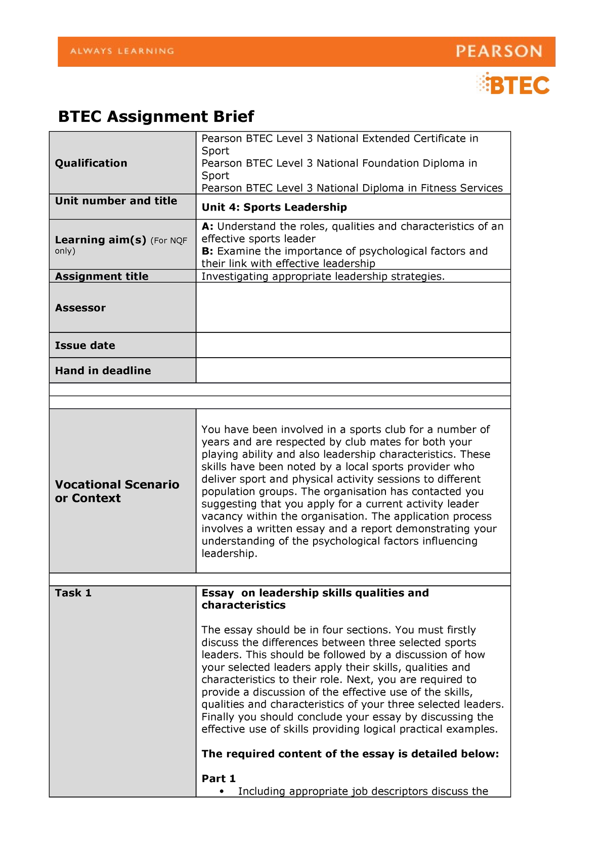 pearson iv assignment brief