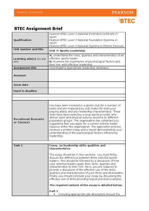 Unit 3 Aim A & B Brief - ``BTEC Assignment Brief Qualification Pearson ...