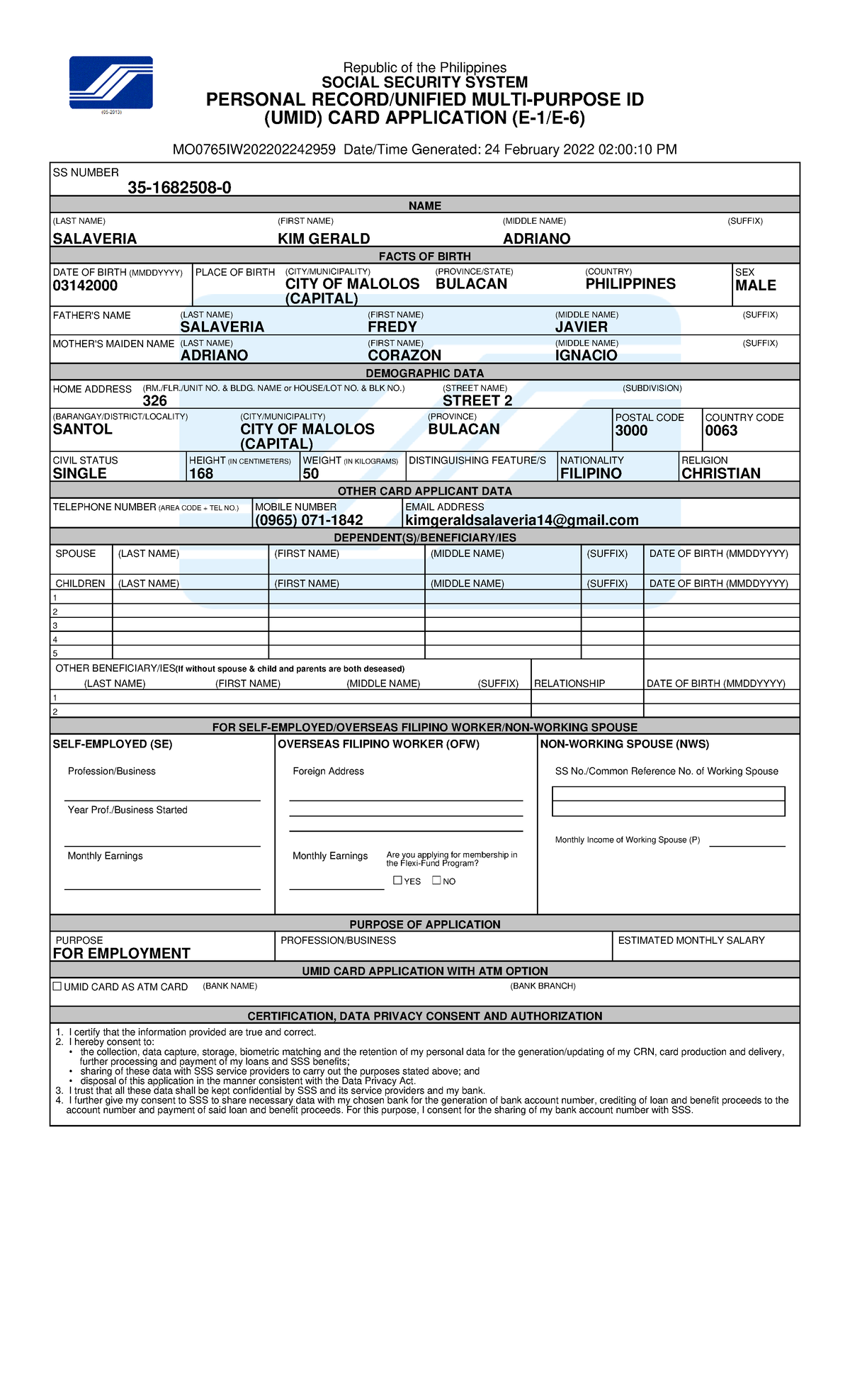 Personal Record Umidcard Form Salaveria, KIM Gerald Adriano BSA