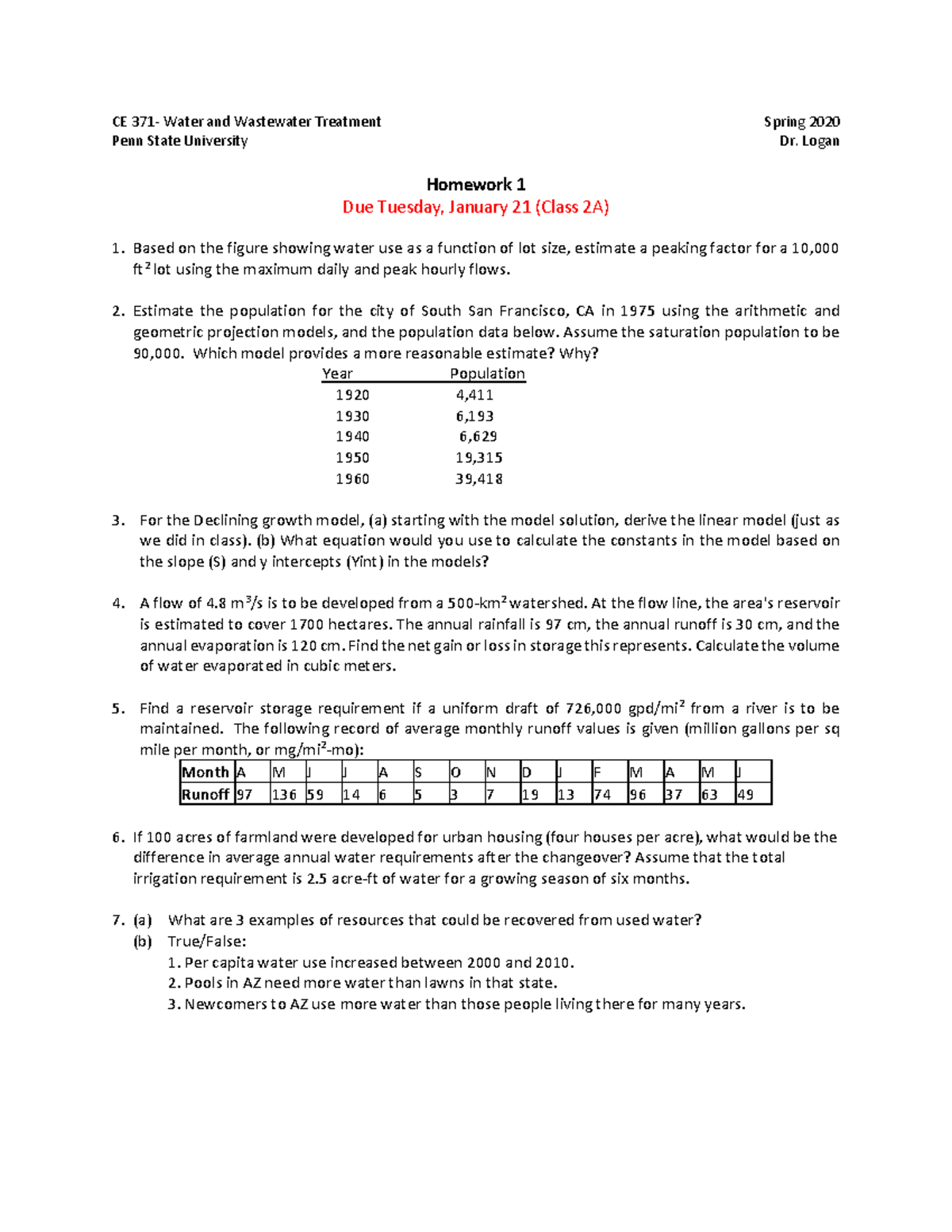 HW 1 - Bruce Logan - CE 371 ‐ Water and Wastewater Treatment Spring ...