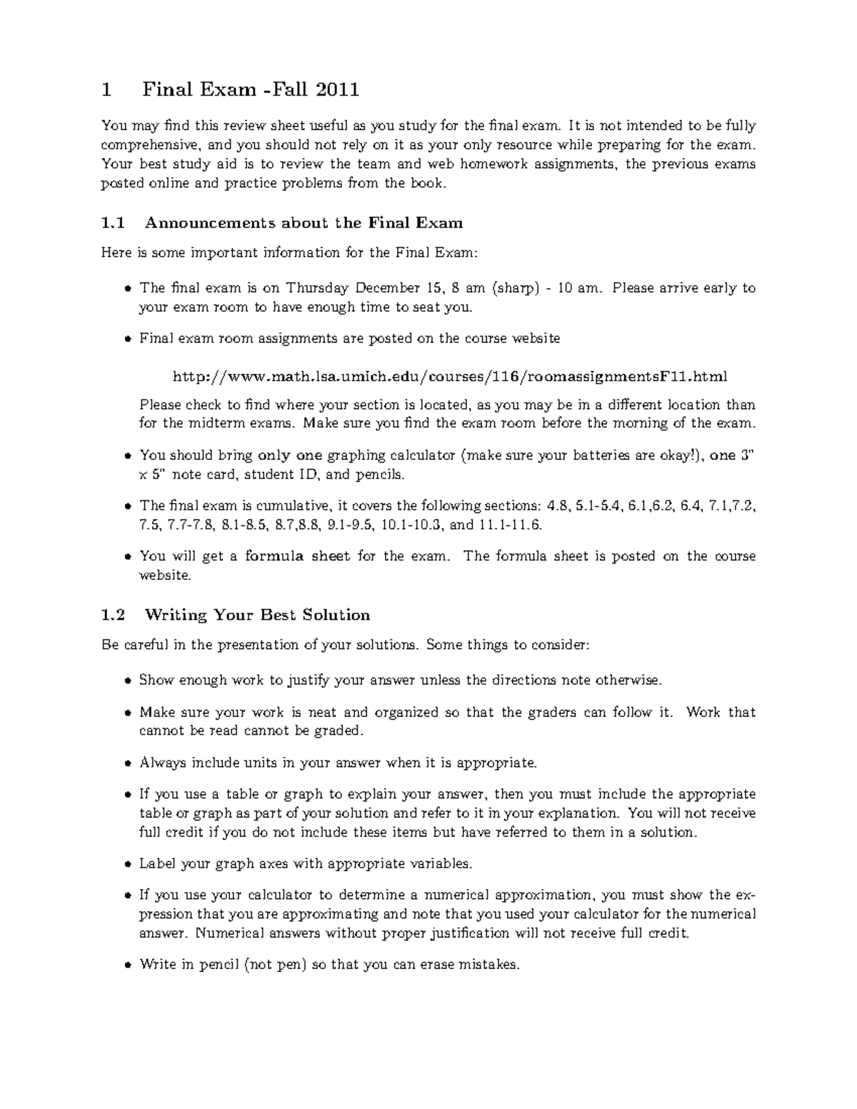 Final Exam Review- Fall 2011 - 1 Final Exam 2011 You may find this ...