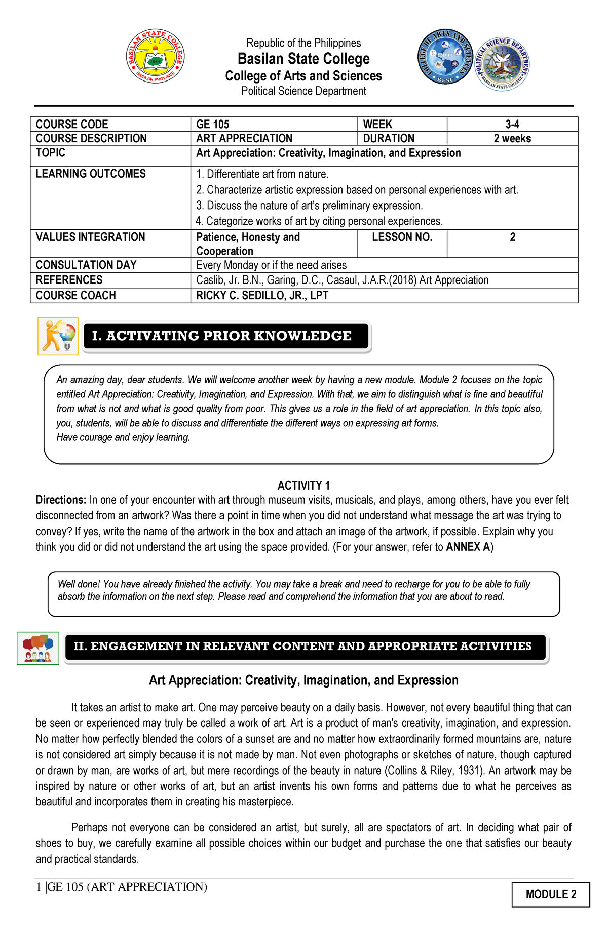 Module 2 PDF GE 105 - 1 |GE 105 (ART APPRECIATION) Republic Of The ...