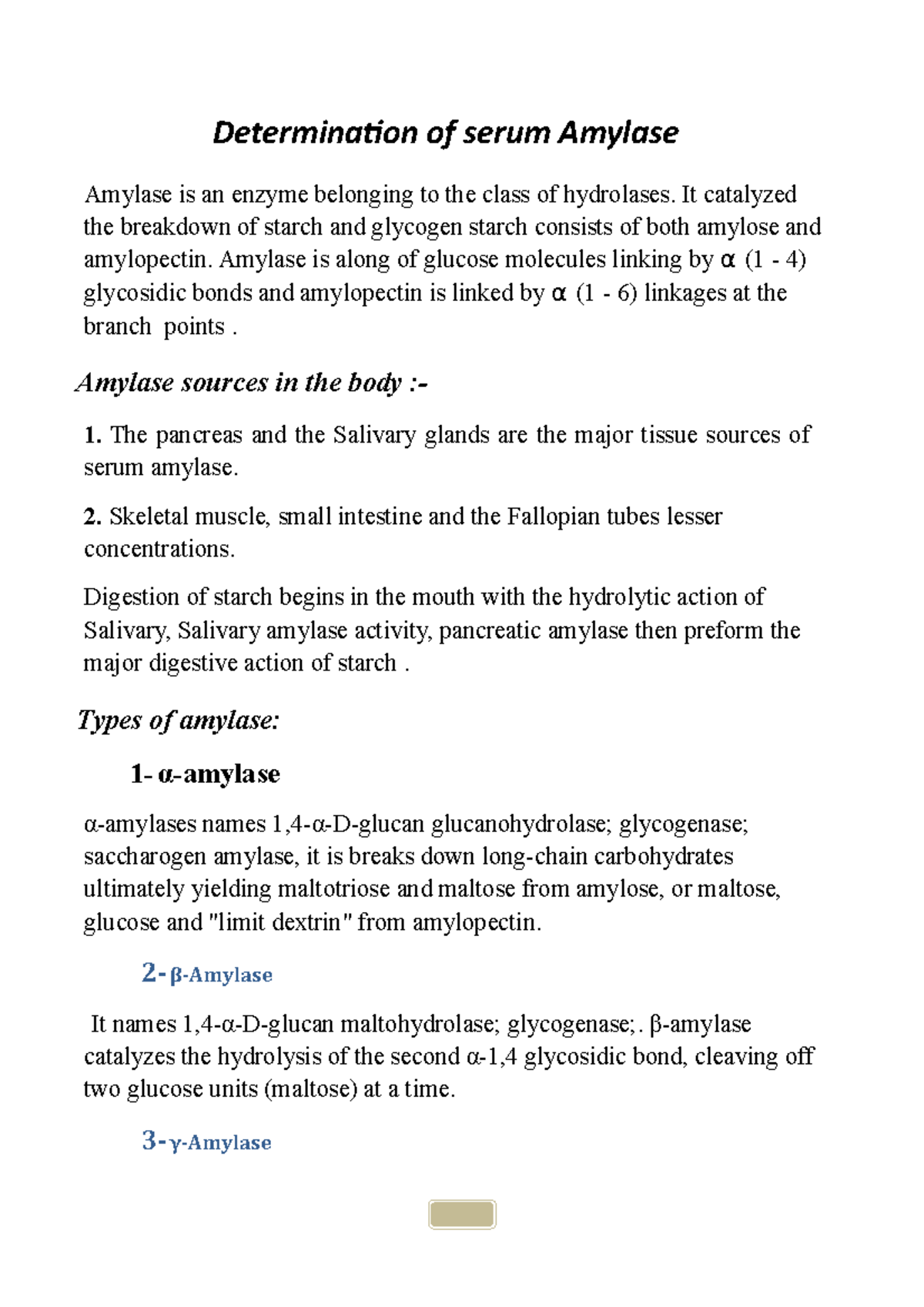 1935amylase Clinical Biochemistry 1 Determination of serum Amylase