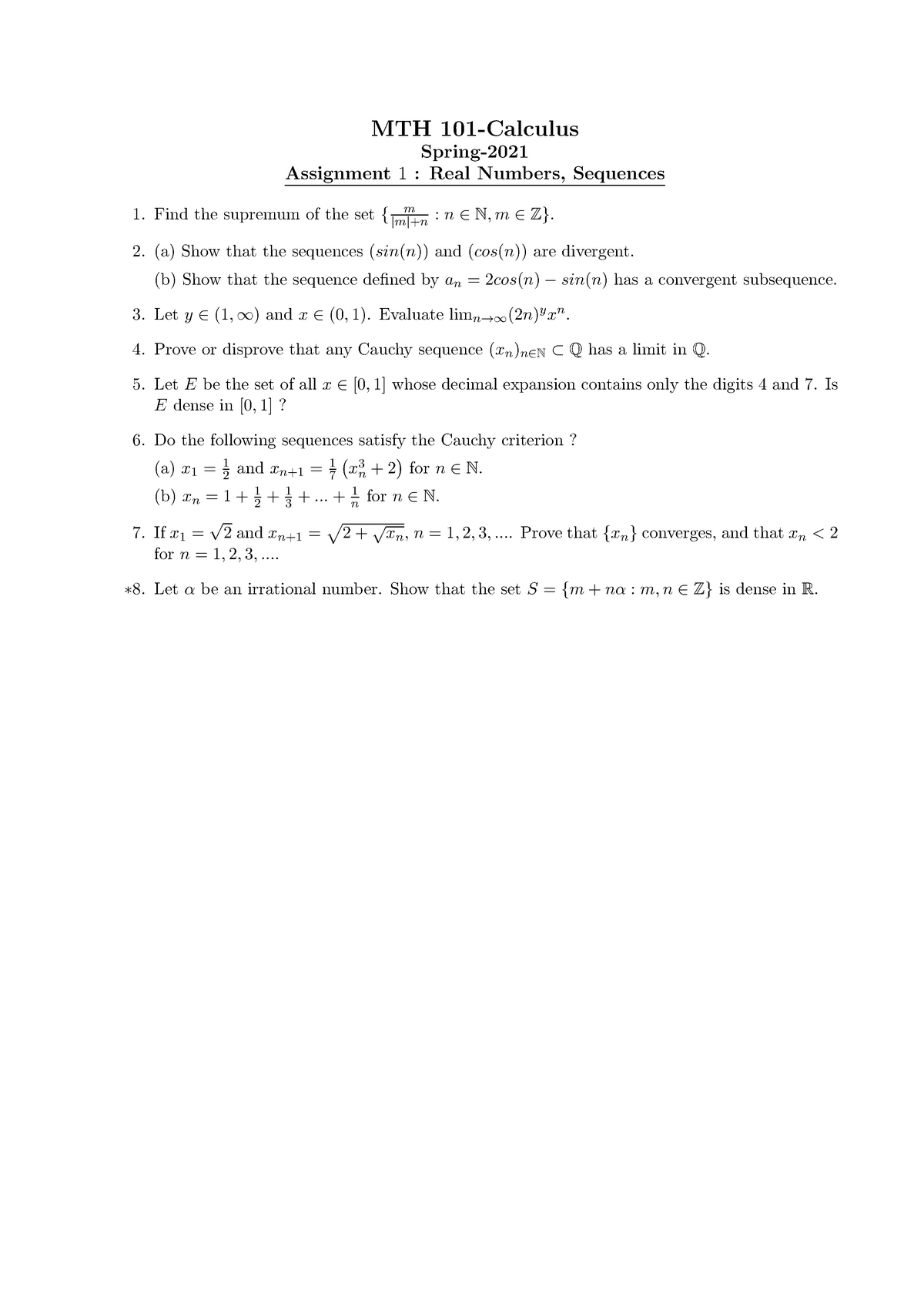 Assgn 1_ Real No_ MTH101 _2021 - MTH 101-Calculus Spring- Assignment 1 ...