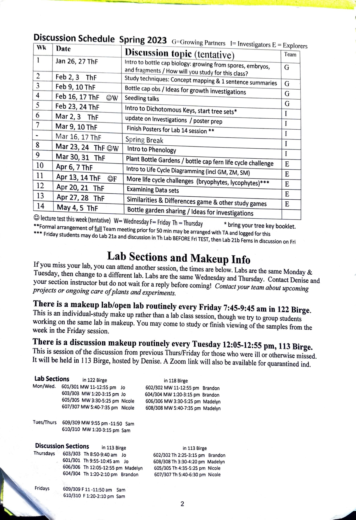 Laboratory Prep Discussion Schedule Spring 2023 G=Growi ng Pa rtners