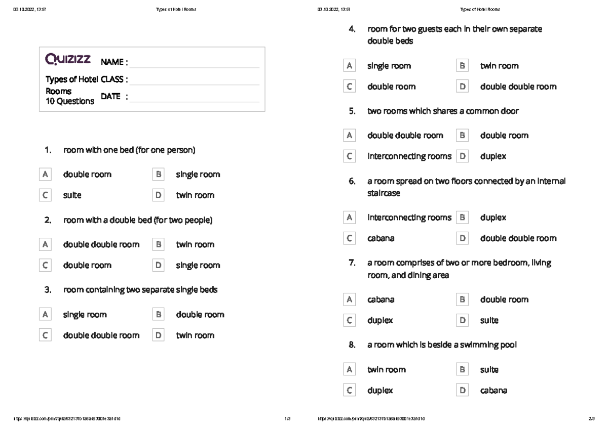Types of Hotel Rooms Gesnia Quizizz - 03.10, 13:57 Types of Hotel Rooms ...