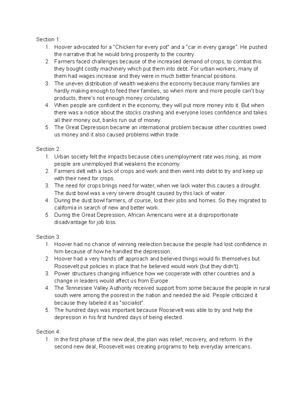 Great Depression Questions - Section 1: 1. Hoover advocated for a ...