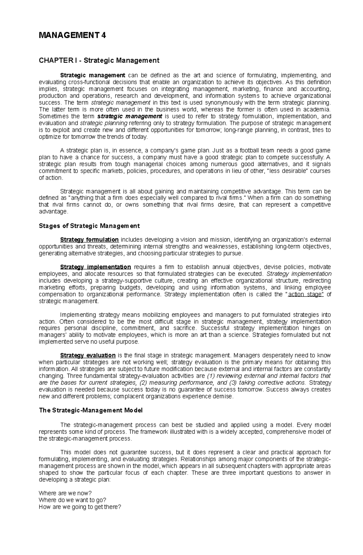 Strategic Management Notes from the Book - MANAGEMENT 4 CHAPTER I ...