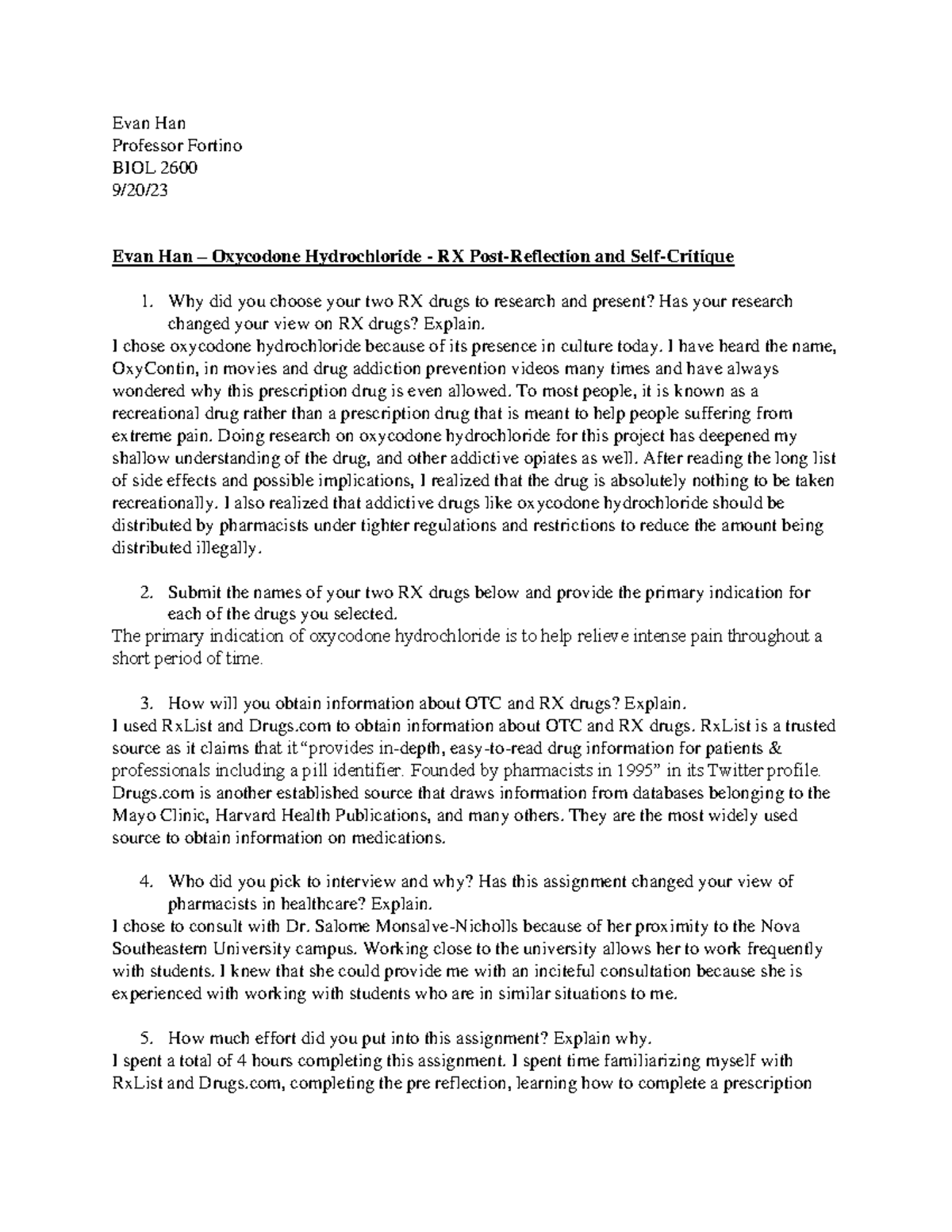 Rx Post Reflection - Evan Han - Evan Han Professor Fortino BIOL 2600 9 ...