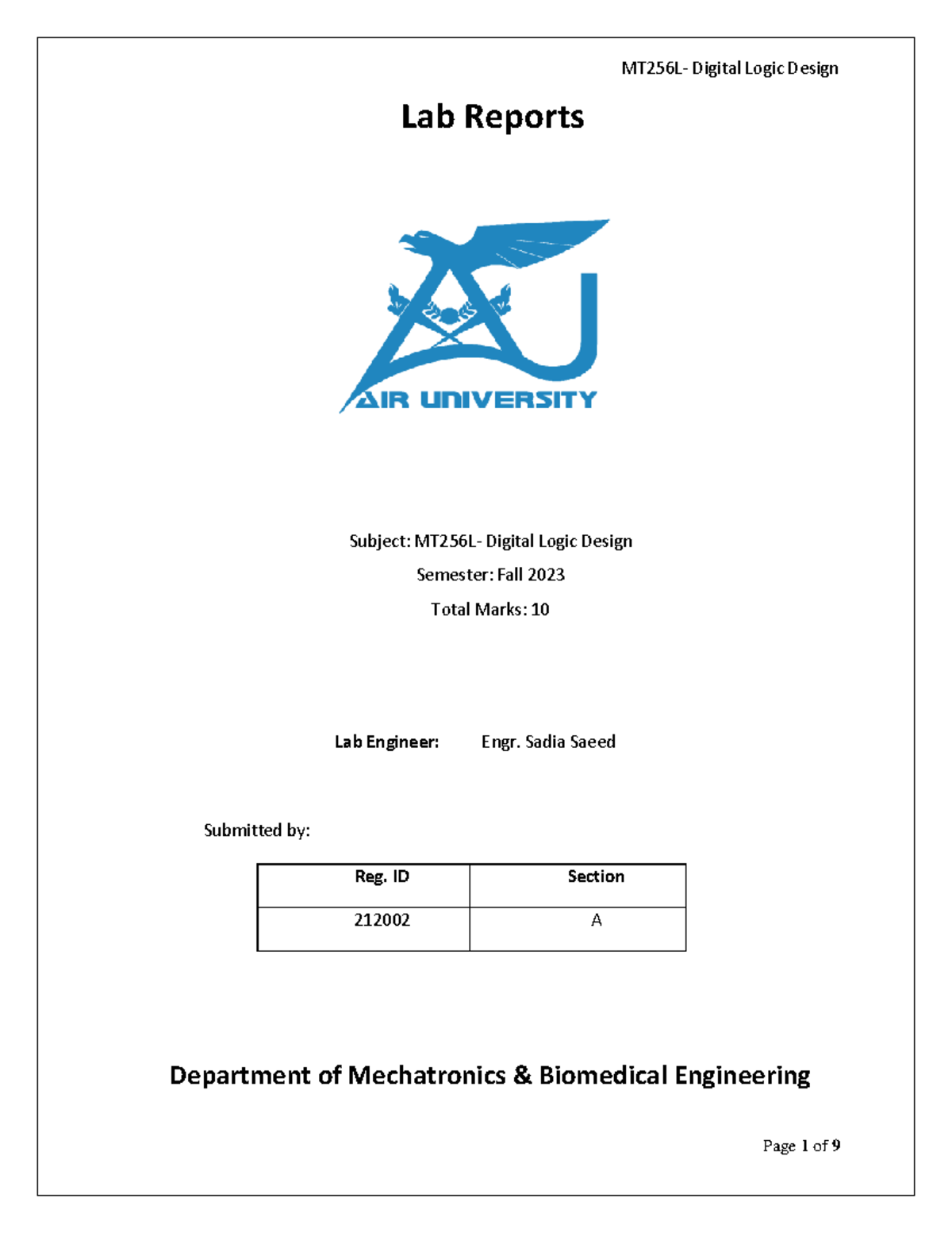 DLDLab 5 Report Page 1 of 9 Lab Reports Subject MT256L Digital