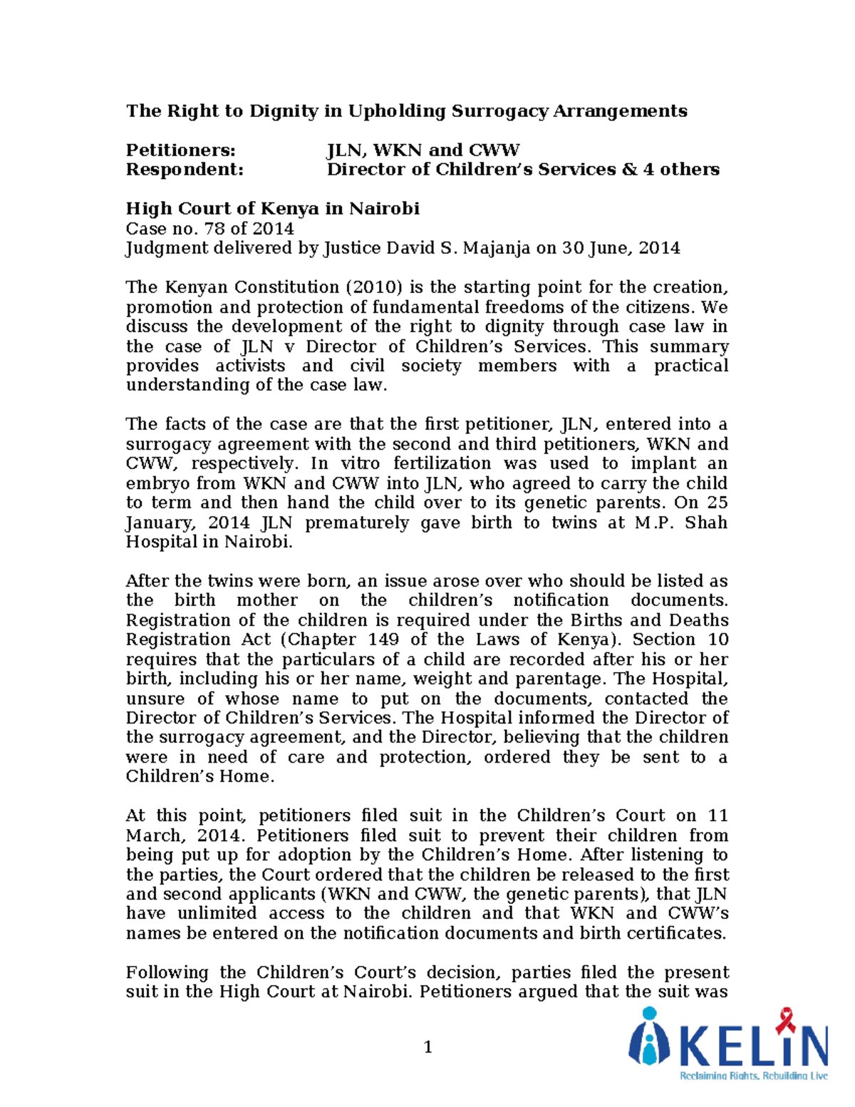 Surrogacy-Case - Surrogacy case - The Right to Dignity in Upholding ...