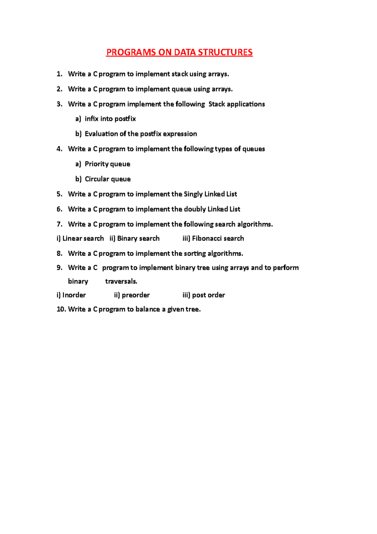Programs ON DATA Structures 3 - PROGRAMS ON DATA STRUCTURES Write a C ...