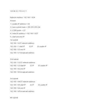 Quiz subnetting - 128 64 32 / 16 8 4 2 1 Network Address: 192.168.1 ...