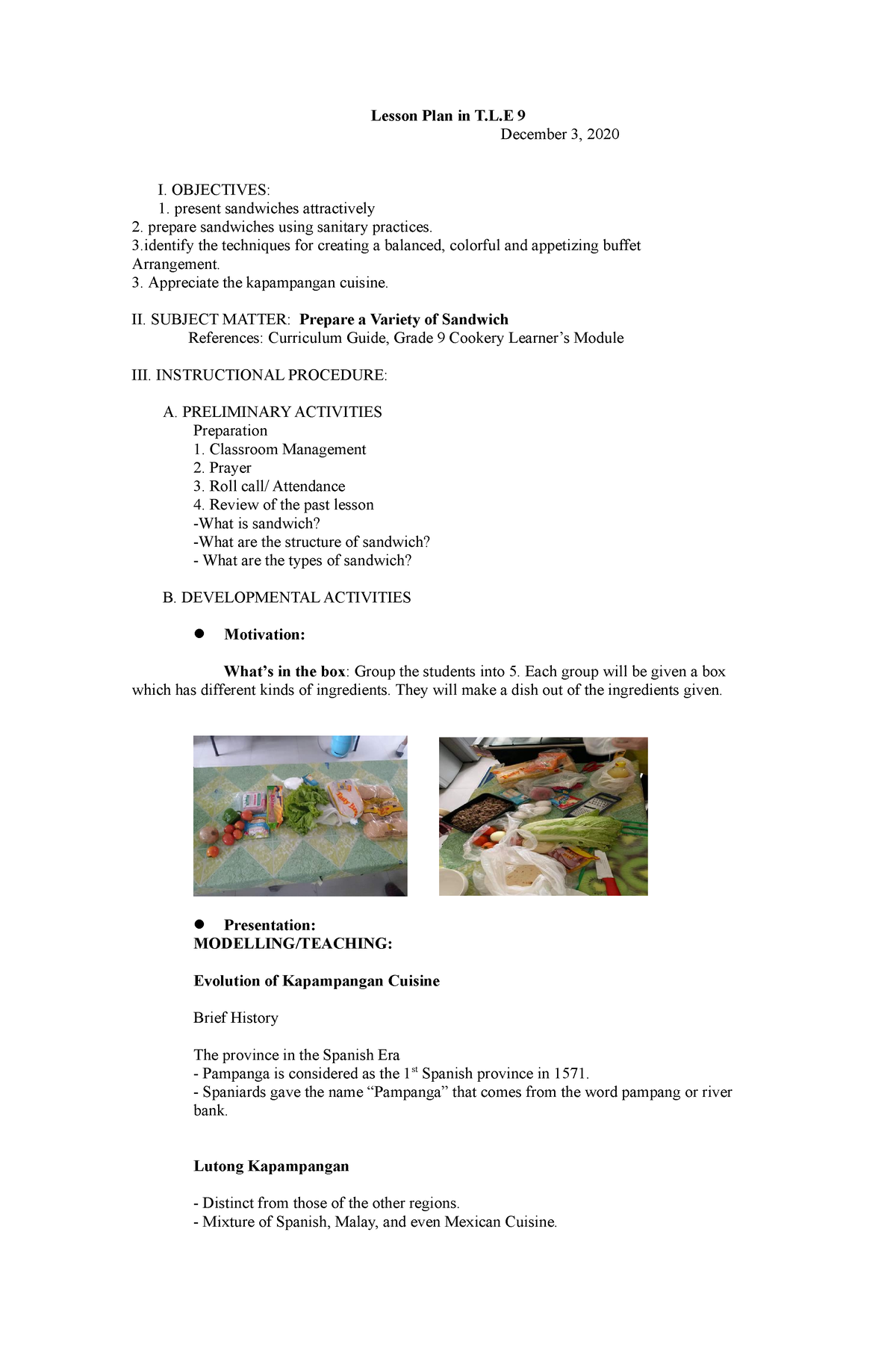 Sample Of Contextualized Lesson Plan In Tle