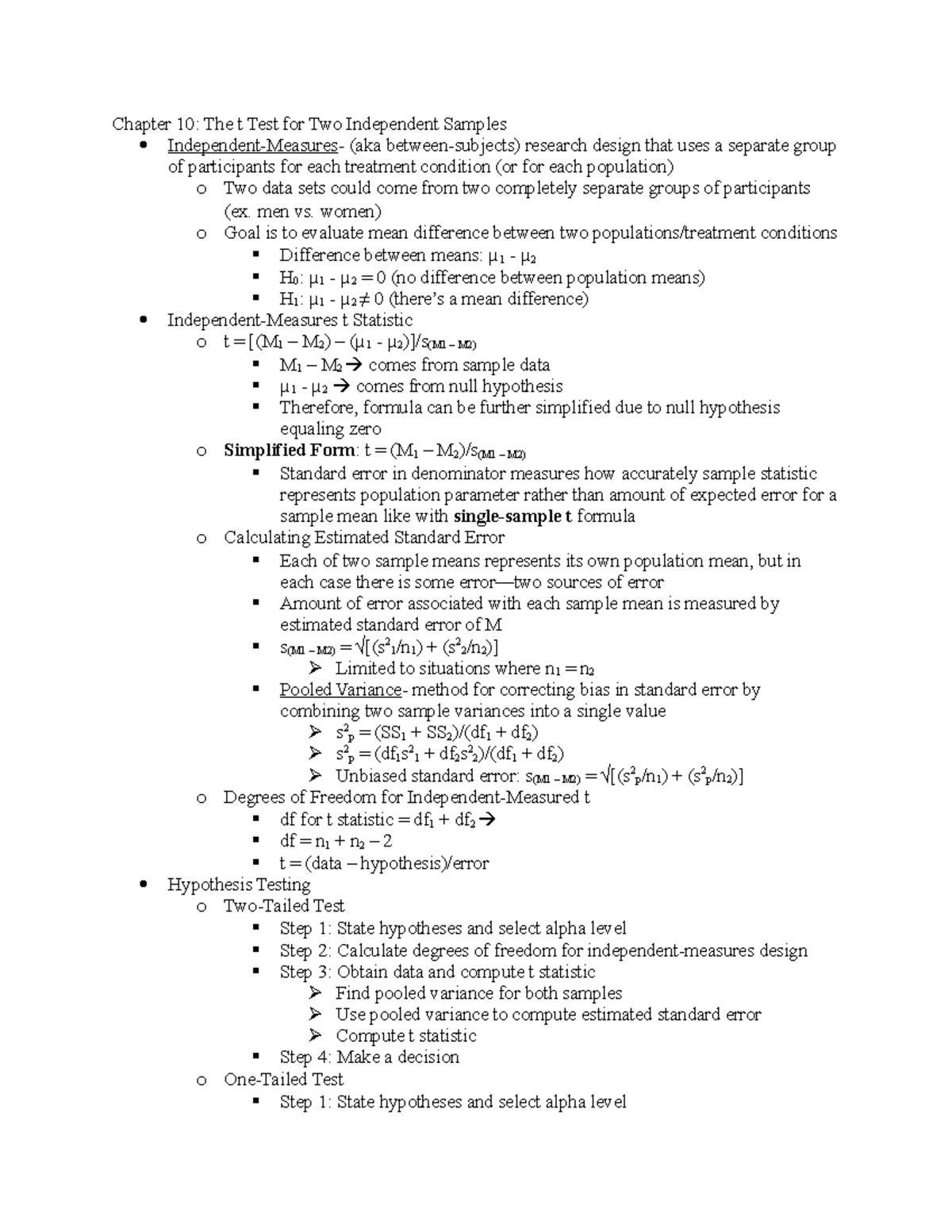 Chapter 10- The t Test for Two Independent Samples - men vs. women) o Goal  is to evaluate mean - StuDocu