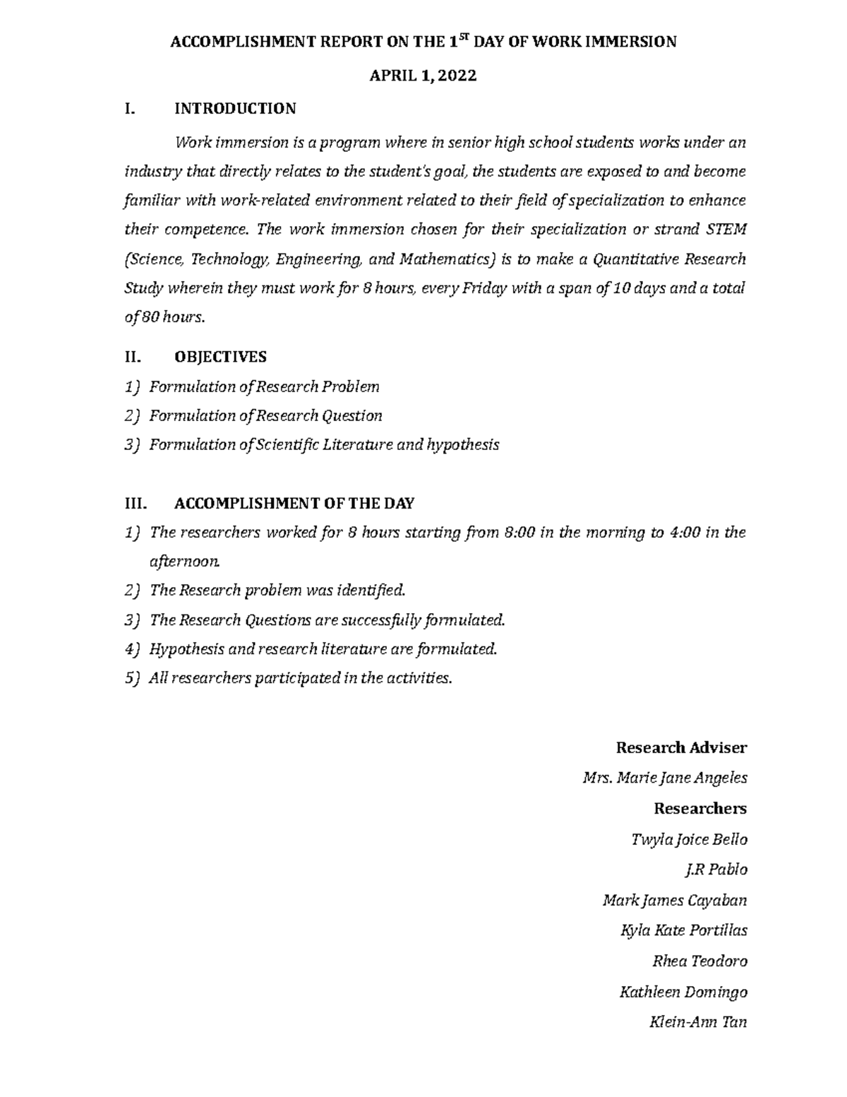 accomplishment report for work immersion essay