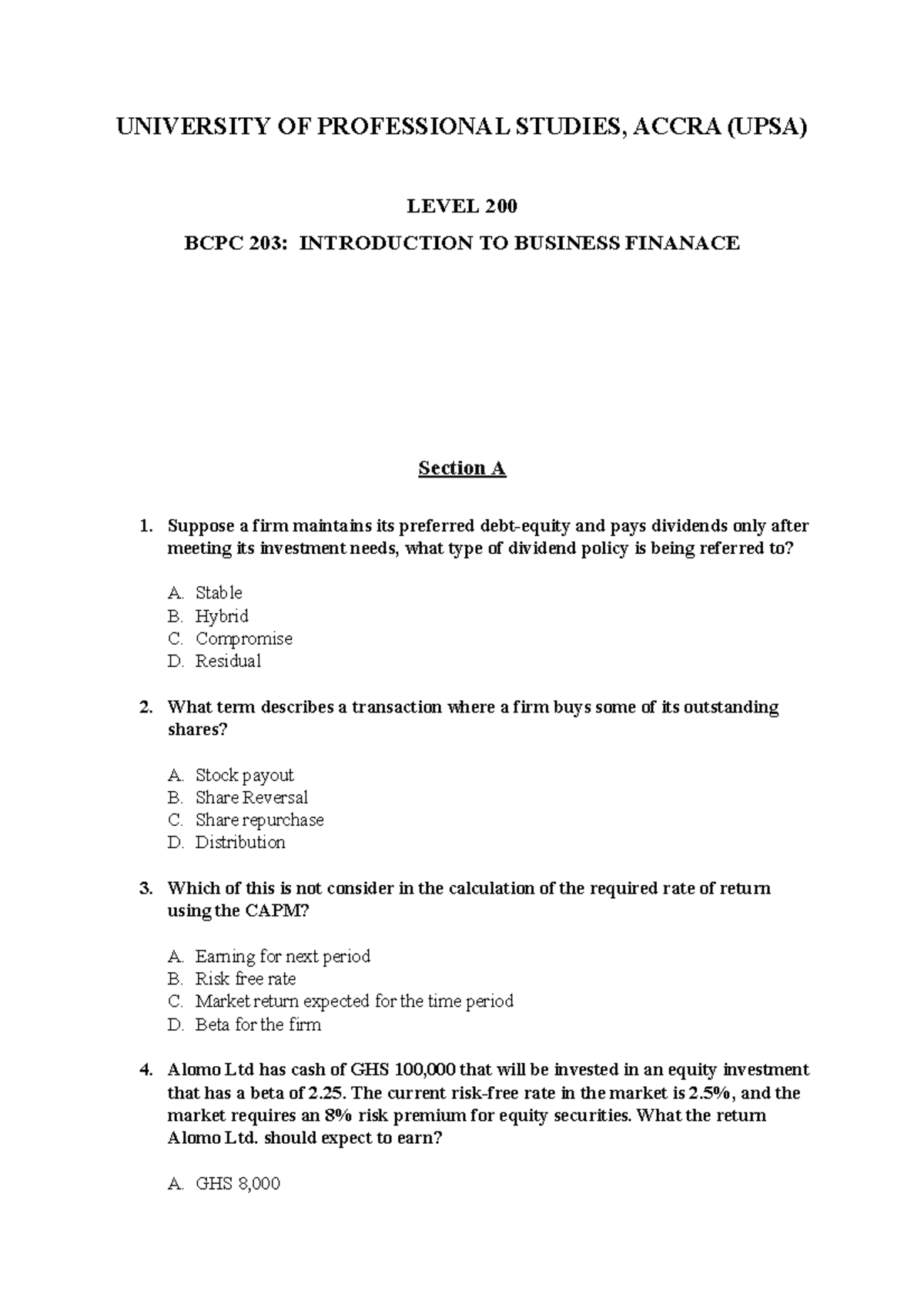 Sample/practice exam 5 February, questions - UNIVERSITY OF PROFESSIONAL ...