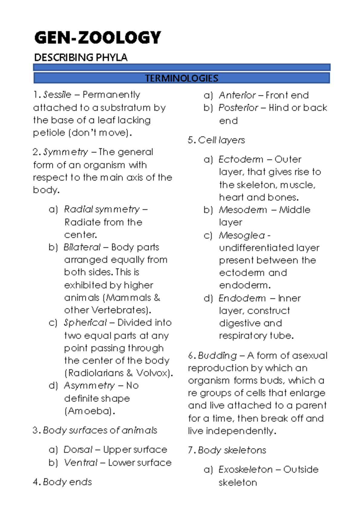 Phylum Invertebrates Notes - GEN-ZOOLOGY DESCRIBING PHYLA TERMINOLOGIES ...