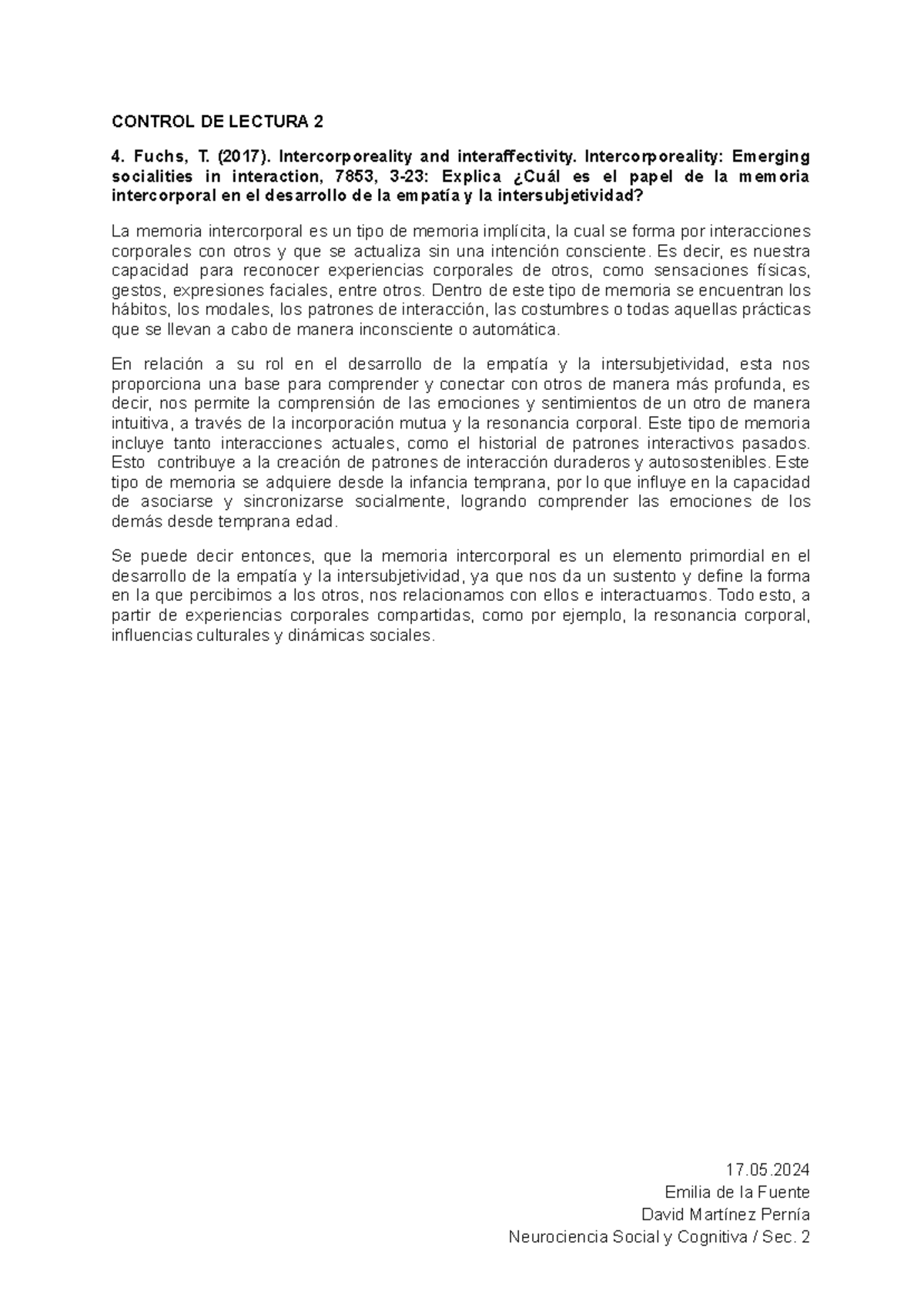 Control 2 de Lectura - CONTROL DE LECTURA 2 Fuchs, T. (2017 ...