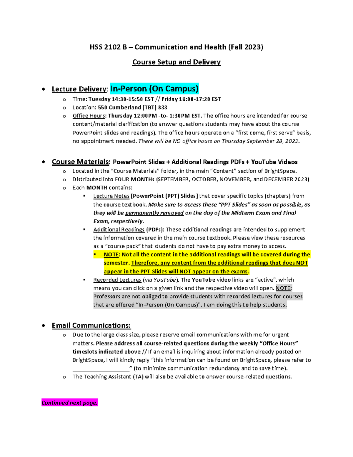 Course Setup and Delivery - HSS 2102 B – Communication and Health (Fall ...