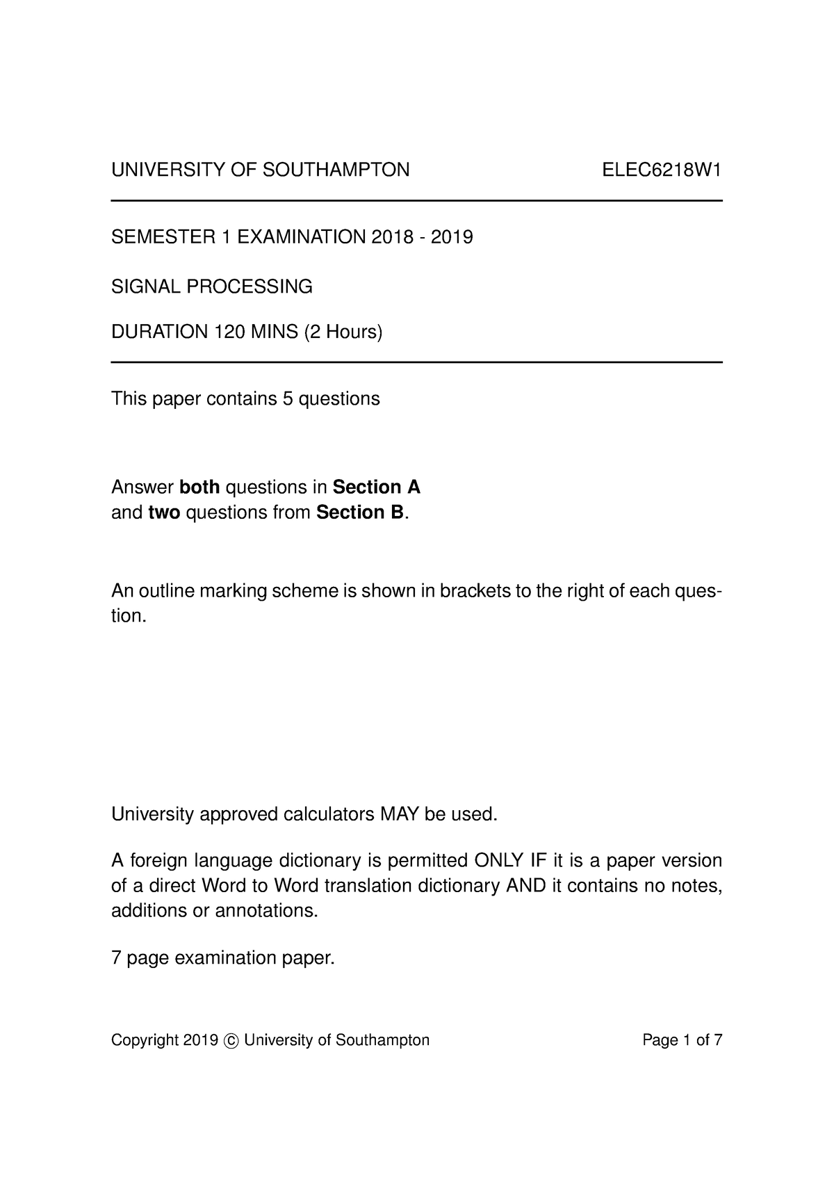 2018 19 - Past Exam Paper For Student Preparation. Can Be Used As An ...