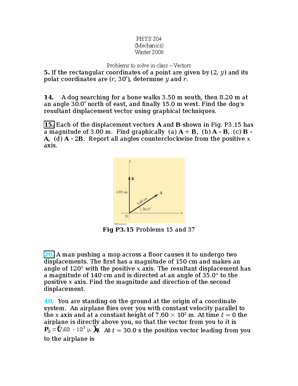 Chap03-PHYS 204-problems To Solve In Class-Vectors - PHYS 204 ...