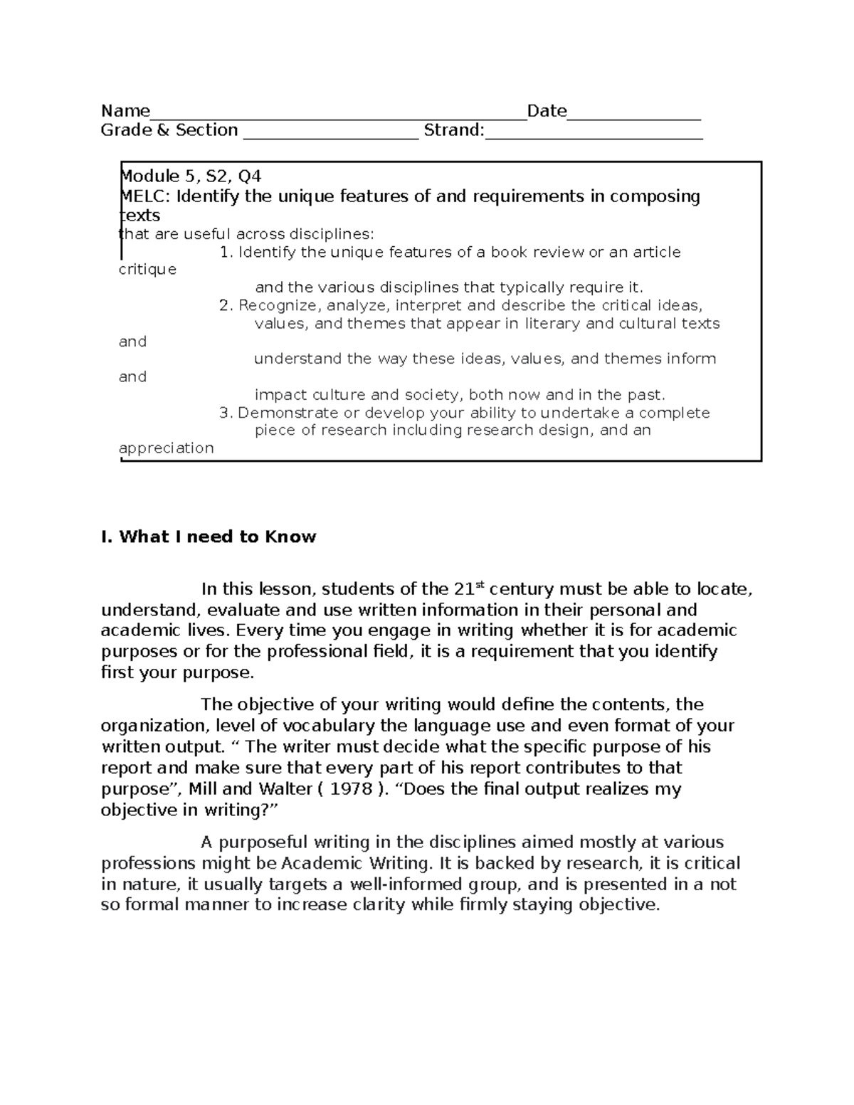 Reading and Writing Module 5 S2 Q4 BS Computer Engineering Studocu