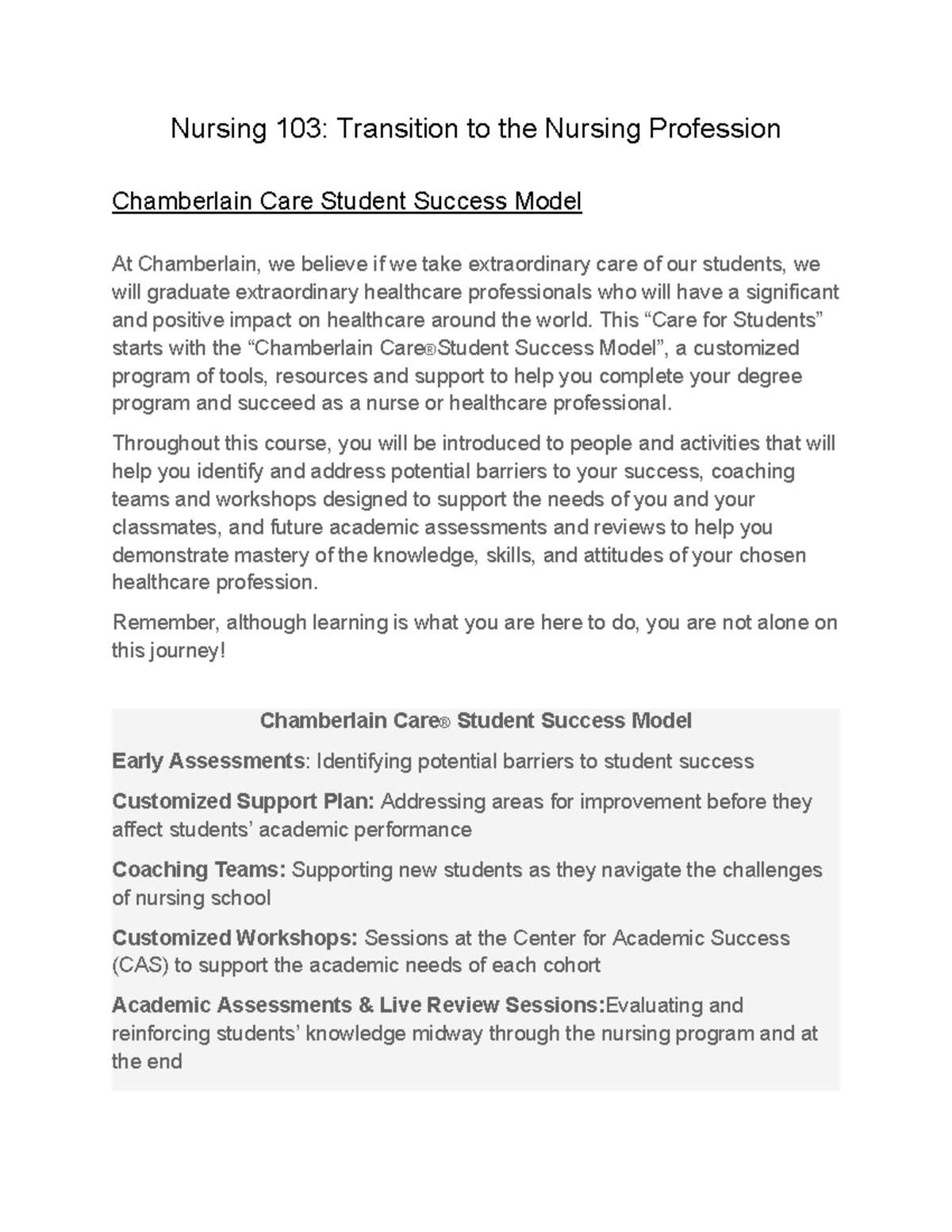 Nursing 103 Transition to the Nursing Profession Nursing 103