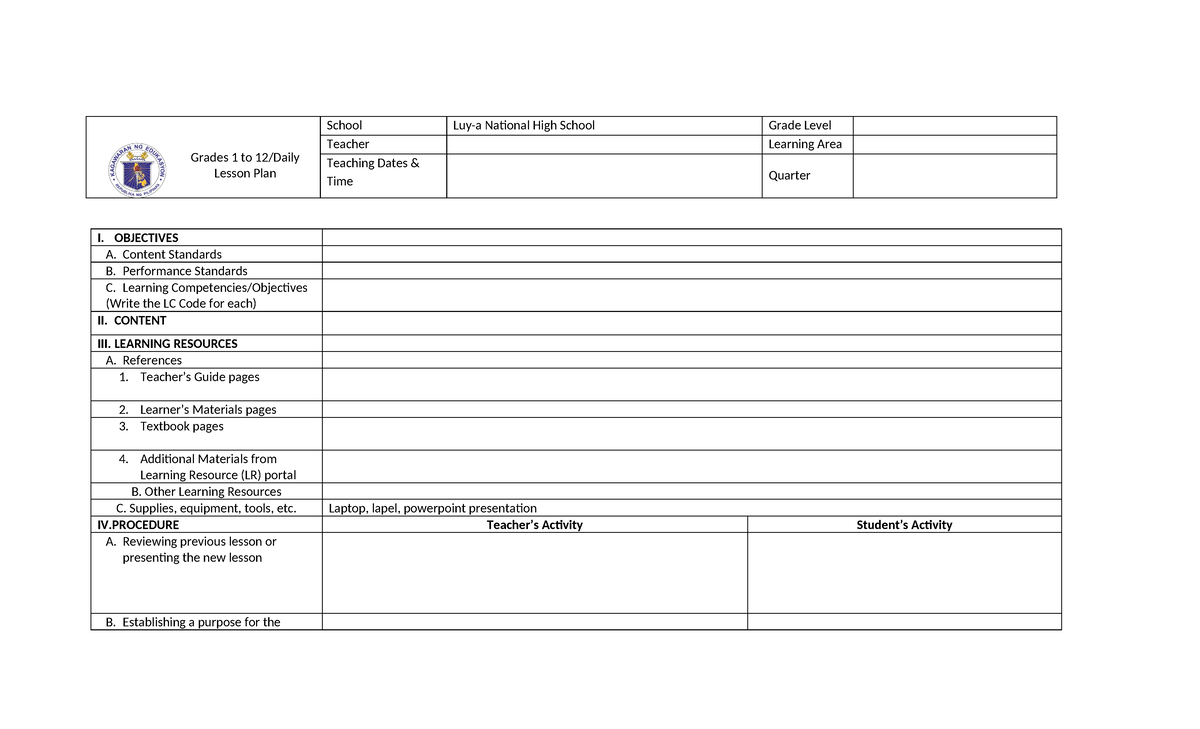 DLP Template - Grades 1 to 12/Daily Lesson Plan School Luy-a National ...