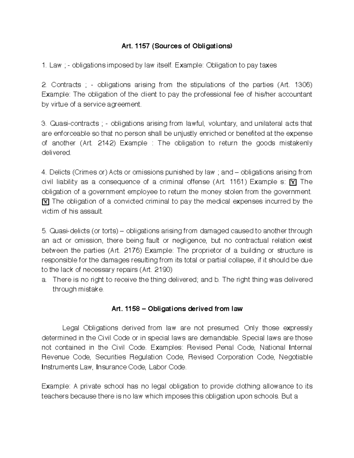 1157-1162-notes - Business law - Art. 1157 (Sources of Obligations) Law ...