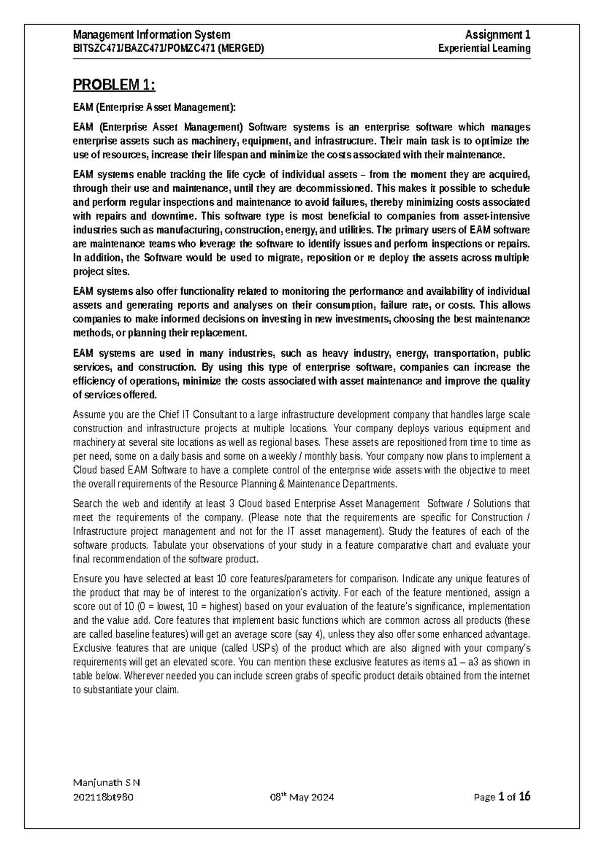 Problem 1 - BITSZC471/BAZC471/POMZC471 (MERGED) Experiential Learning ...