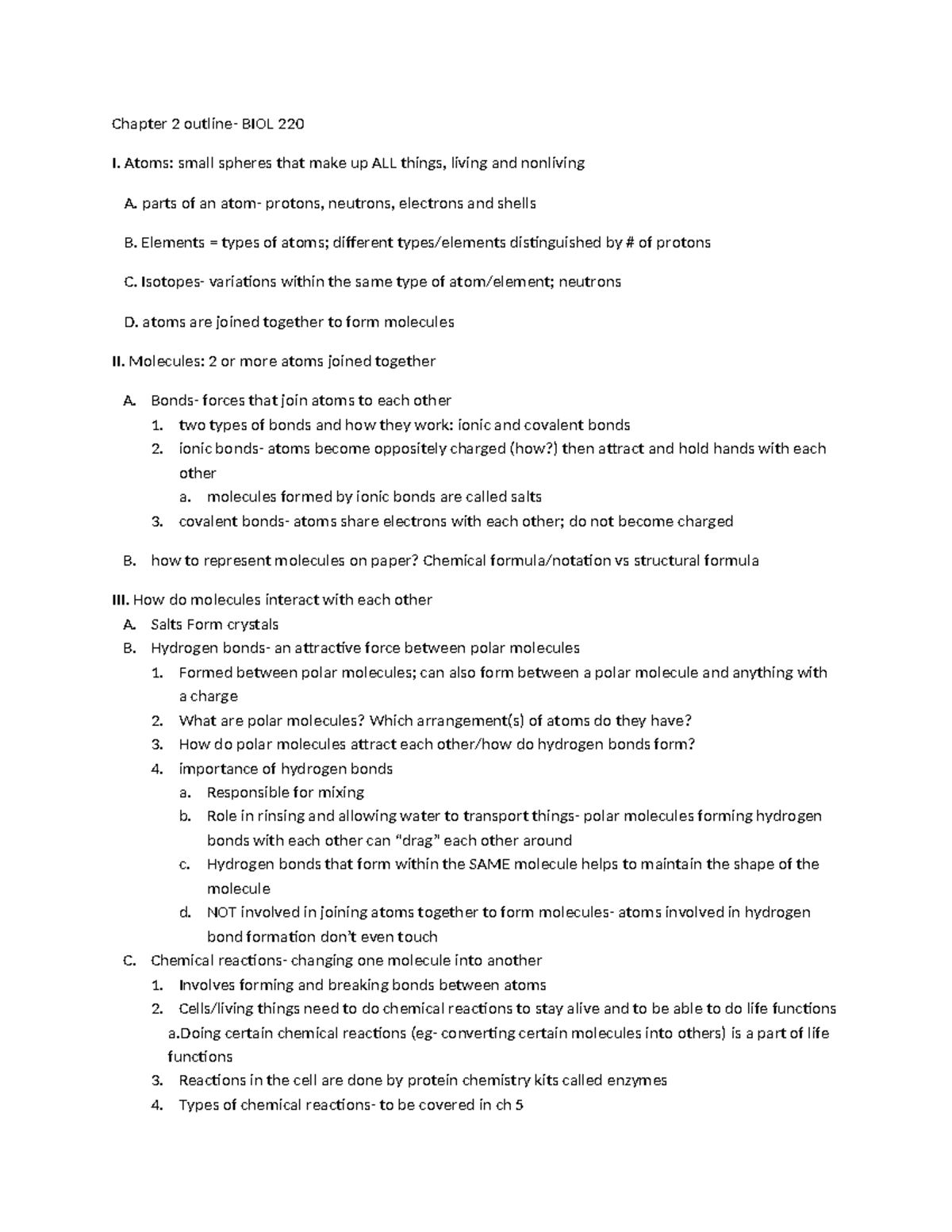 Chapter+2+bio220+outline - Chapter 2 outline- BIOL 220 I. Atoms: small ...
