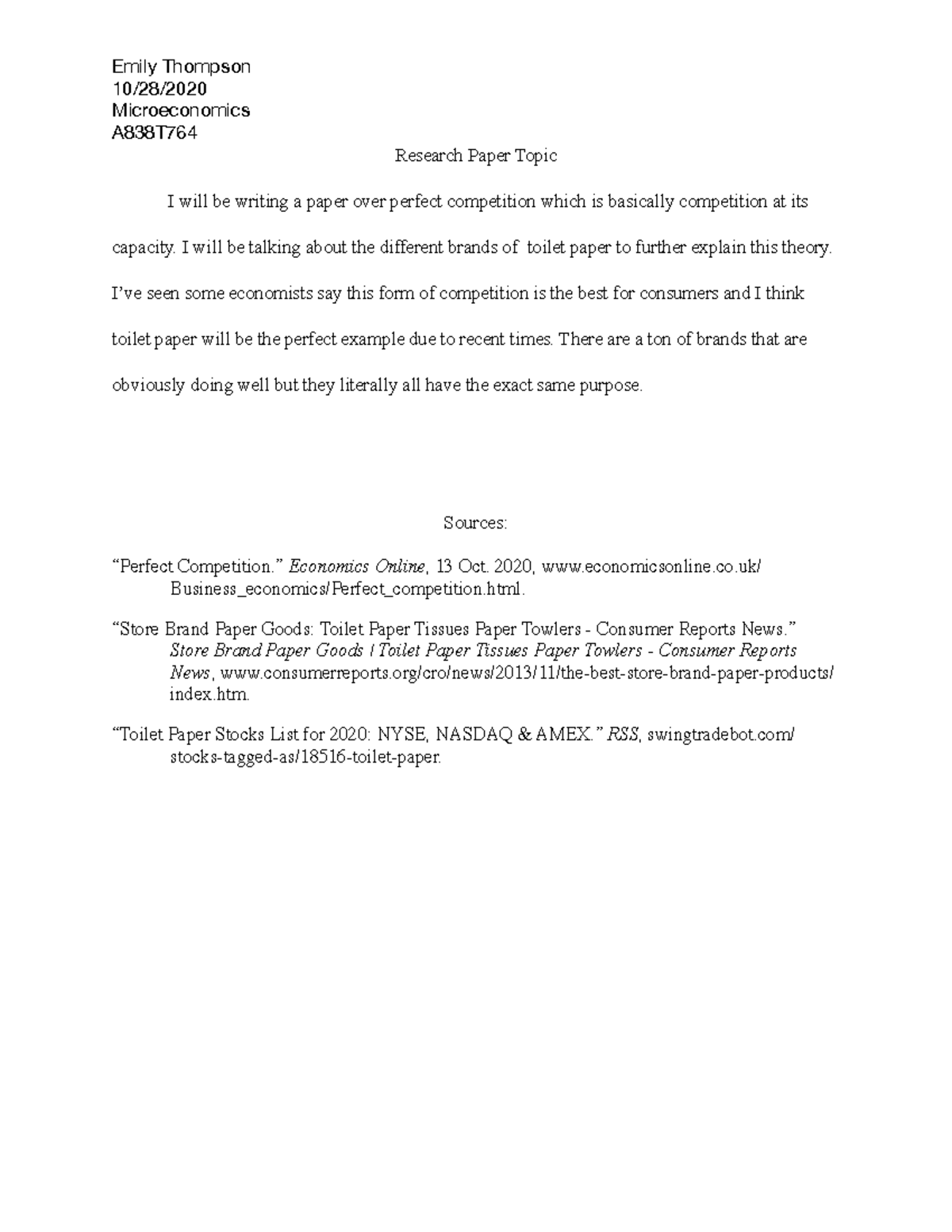 Emily Thompson Research paper - Emily Thompson 10/28/ Microeconomics ...