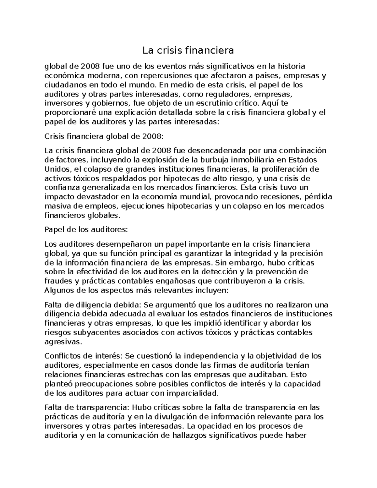 La crisis financiera - Clase - La crisis financiera global de 2008 fue ...
