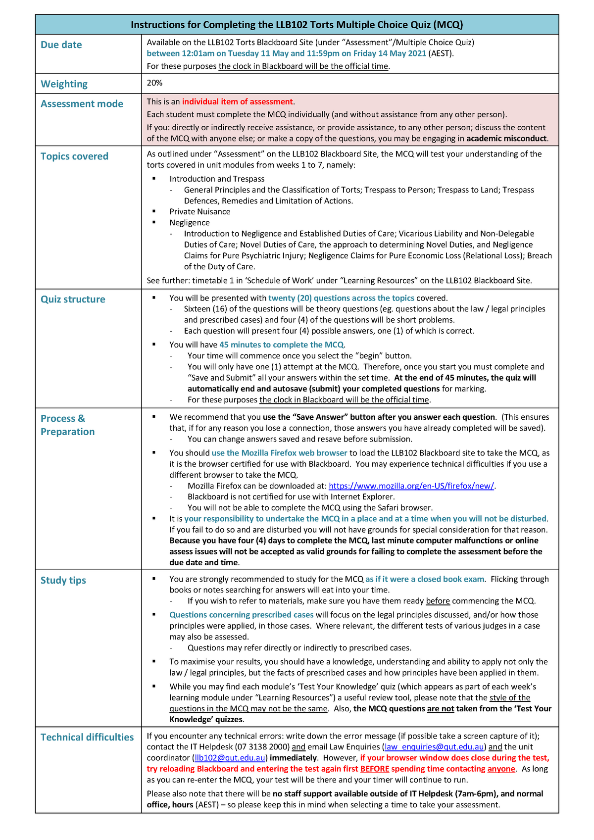 LLB102 Torts Multiple Choice Quiz Instructions Final 2021