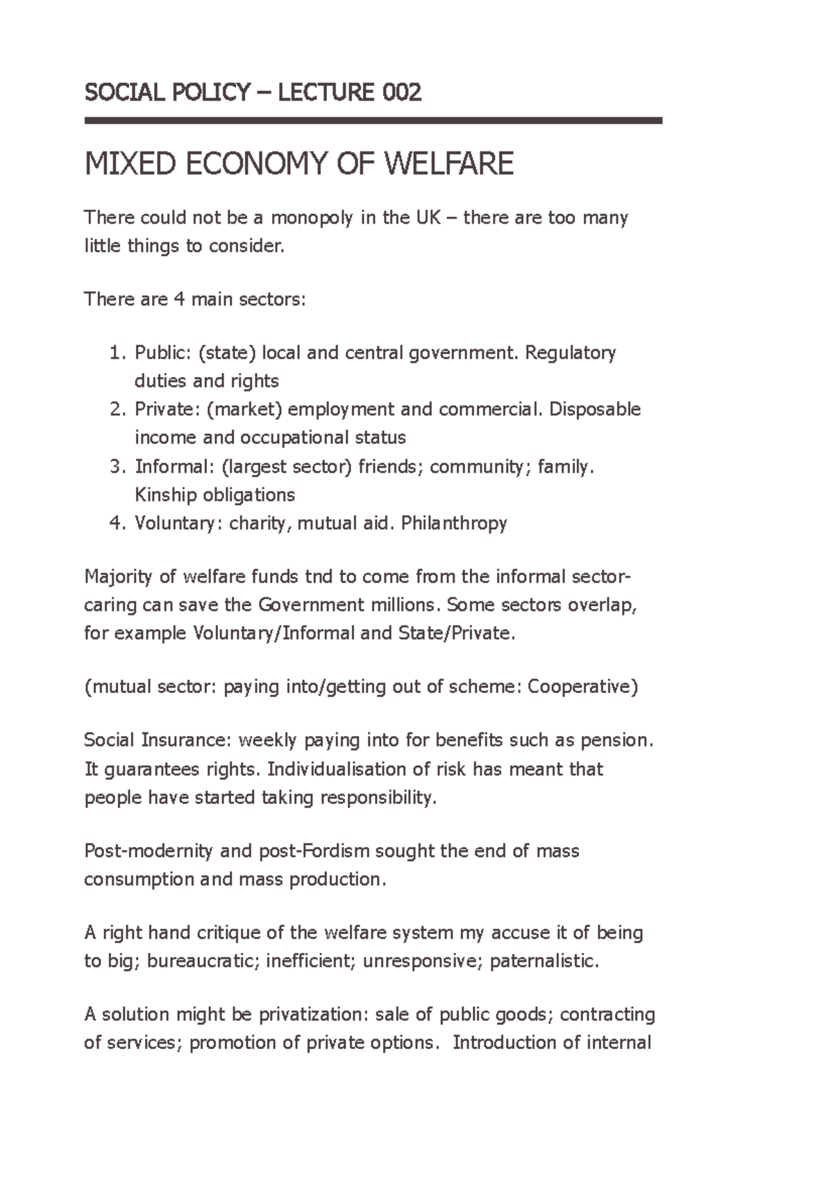 Mixed Economy of Welfare SOCIAL POLICY LECTURE 002 MIXED ECONOMY OF