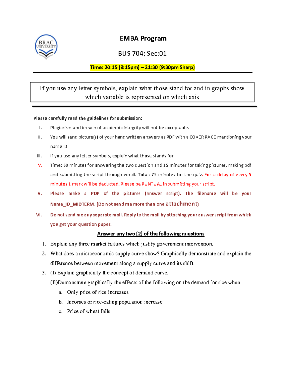 BUS 704 Midterm - BUS - EMBA Program BUS 704; Sec: Time: 20:15 (8:15pm ...