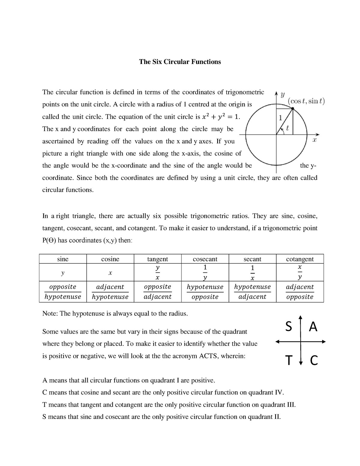 review assignment circular functions