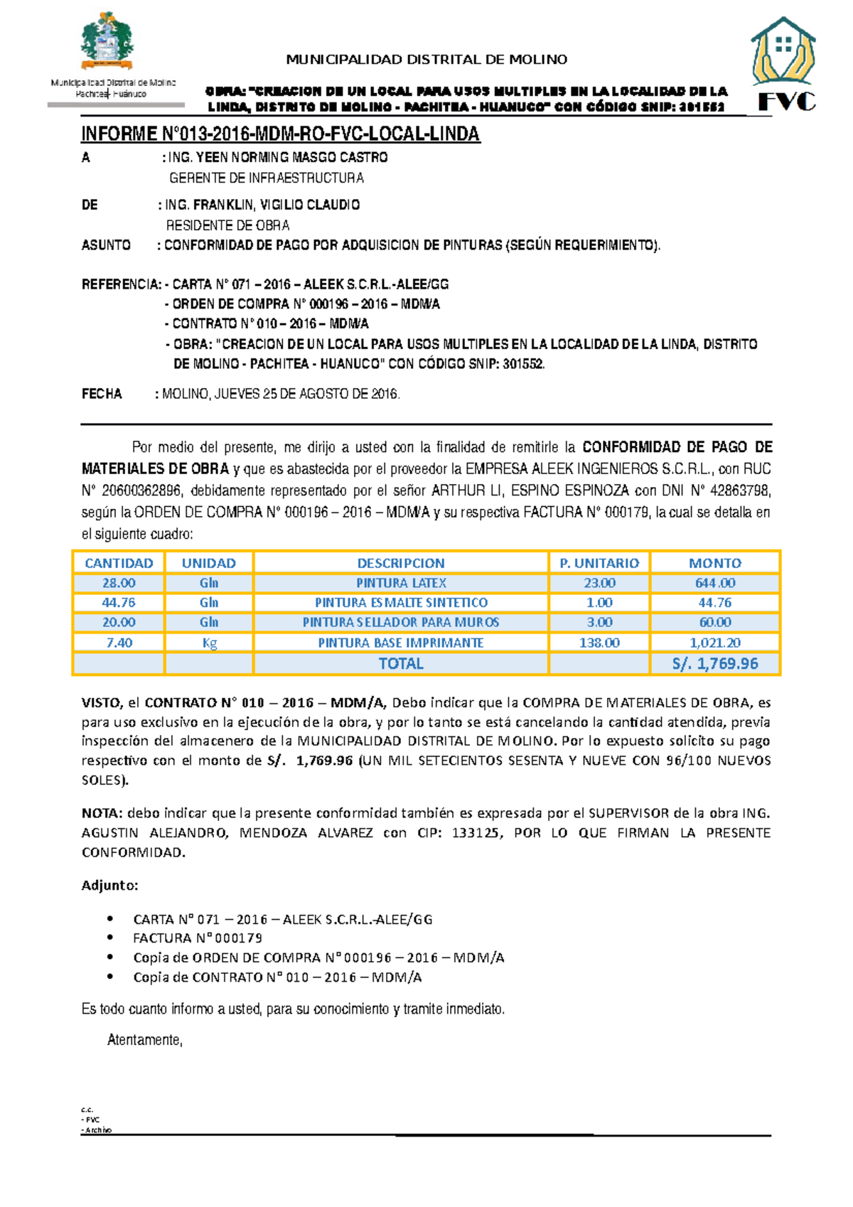 Informe N°013-2016-MDM-RO-FVC- Conformidad DE Compra Pinturas ...